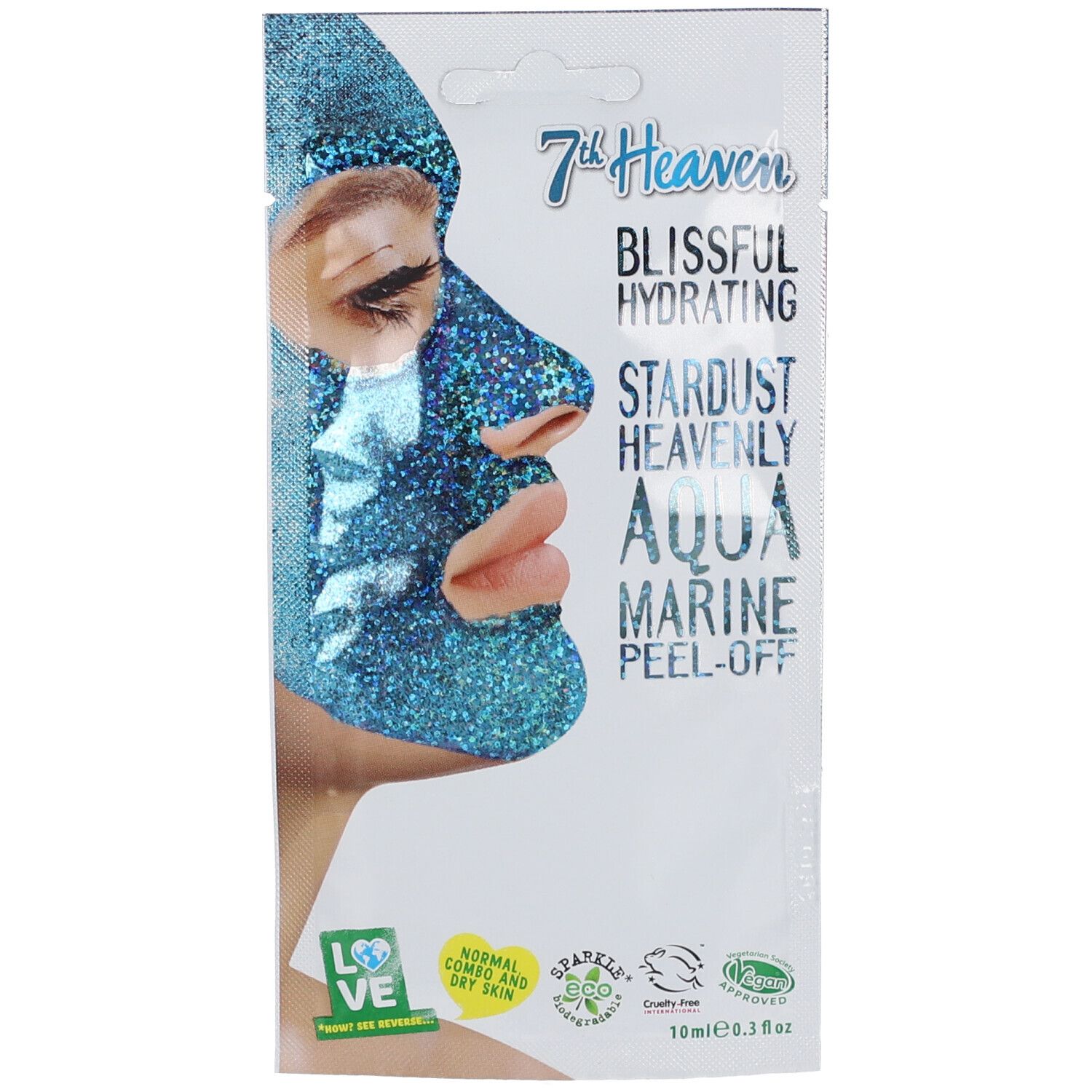Maschera viso glitterata blu. Testo: Blissful Hydrating, Aqua Marine Peel-Off. Confezione con logo e informazioni.