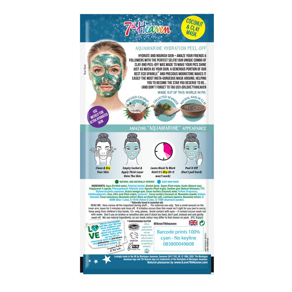 Retro della confezione della maschera viso. Testo: Aquamarine Hydration Peel-Off. Ingredienti, istruzioni e loghi.