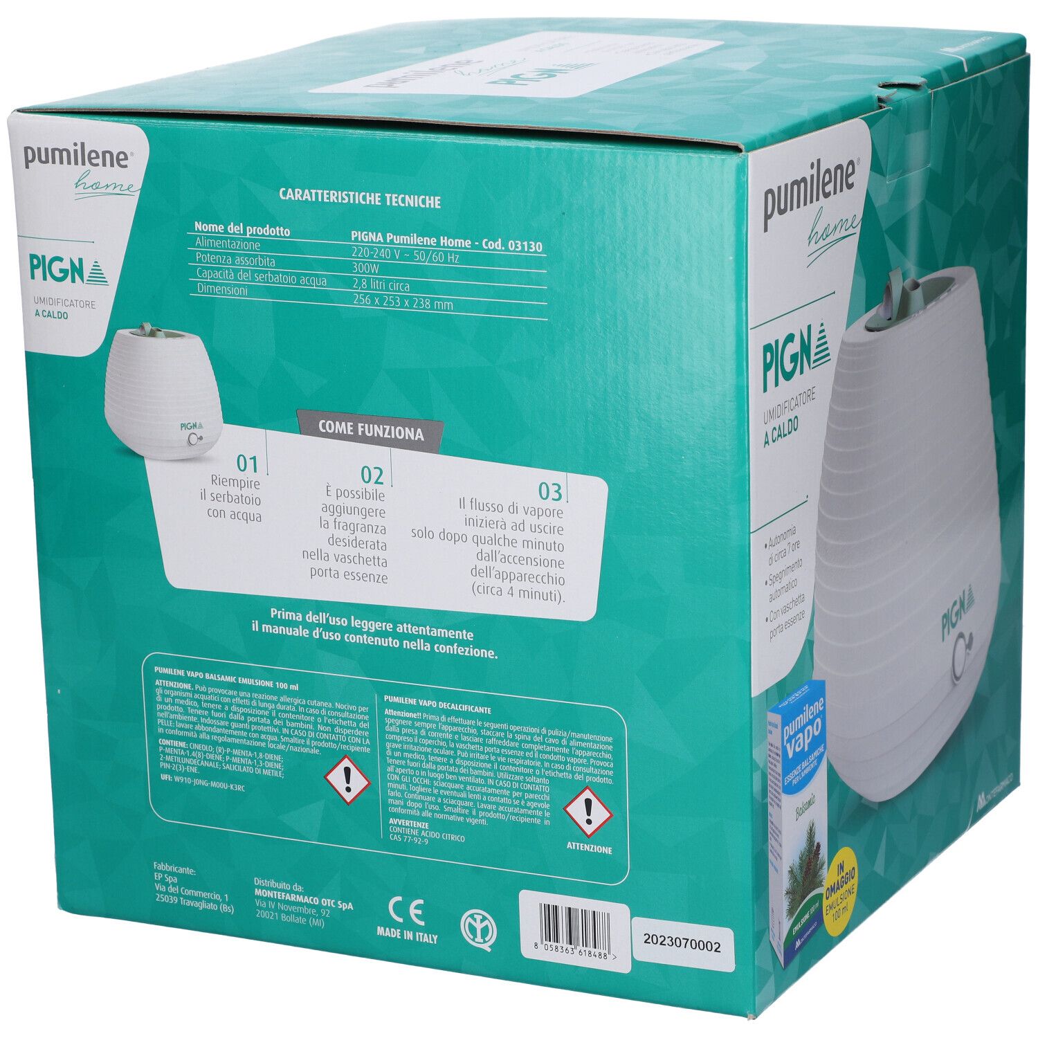 Pumilene Home Pigna Caldo Diffusor-Verpackung mit technischen Daten und Anwendungshinweisen.