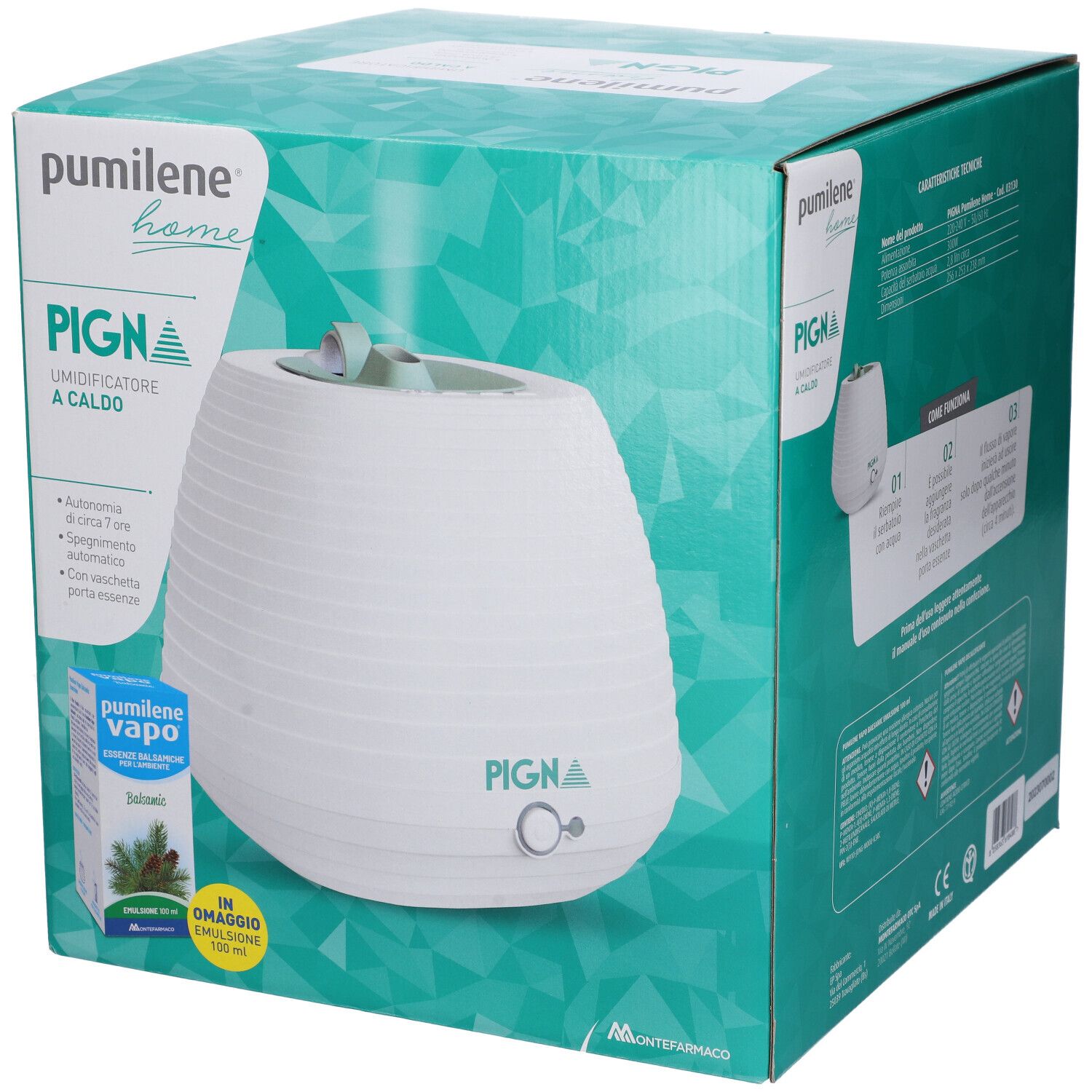 Verpackung eines weißen PUMILENE HOME PIGNA Luftbefeuchters mit Bedienungsanleitung und Emulsion.