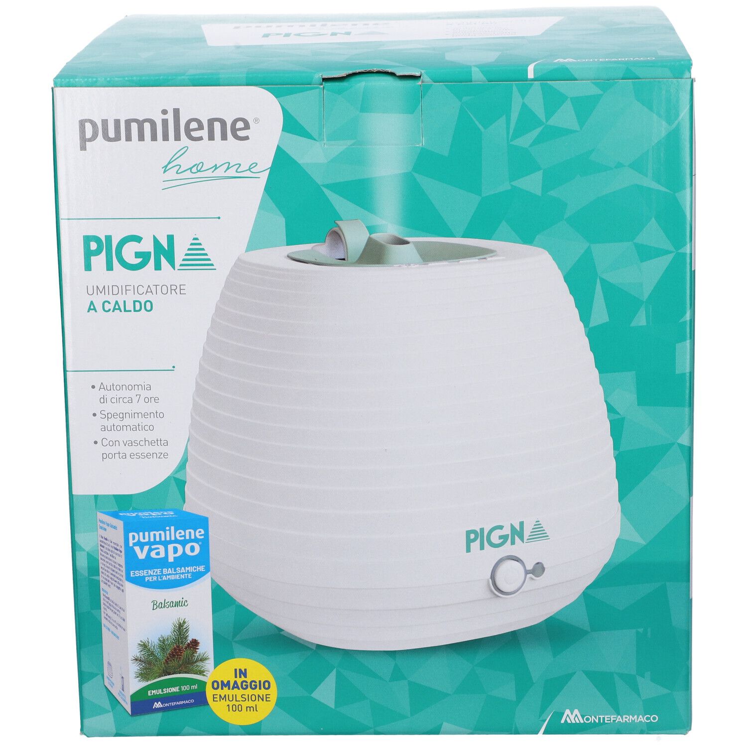Weiße Humidifier-Einheit mit "PIGN"-Logo und "pumilene home"-Schriftzug. Enthält eine kleine Flasche "pumilene vapo" Balsamöl.
