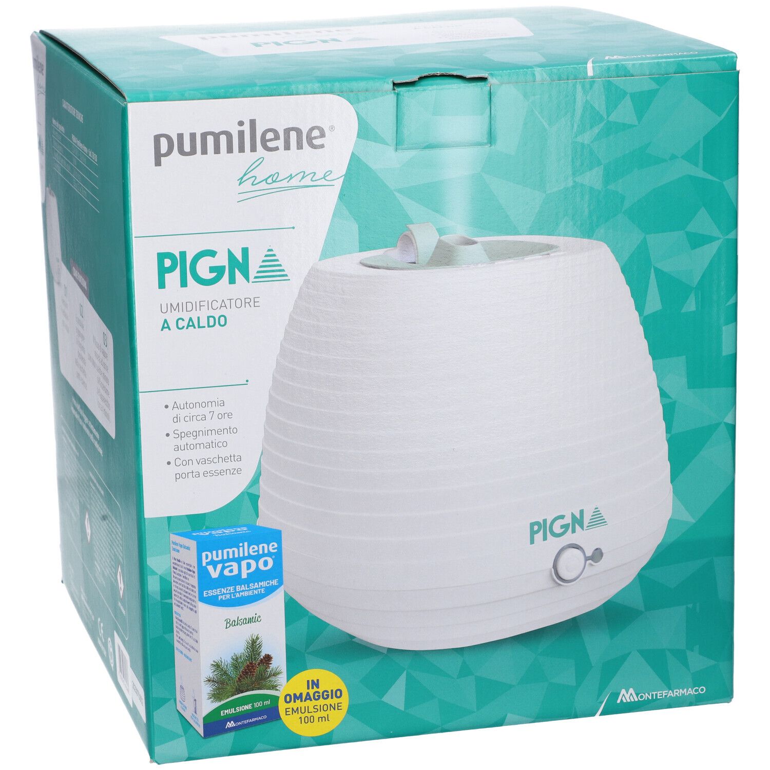 Weiße "Pigna" Luftbefeuchter-Verpackung mit "pumilene home" Logo und Produktabbildung.