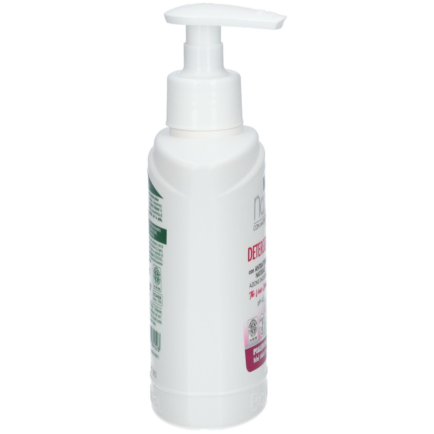 Flacone bianco con dosatore, vista laterale. Scritta: Detergente Intimo. Etichette verdi e rosse. Testo.