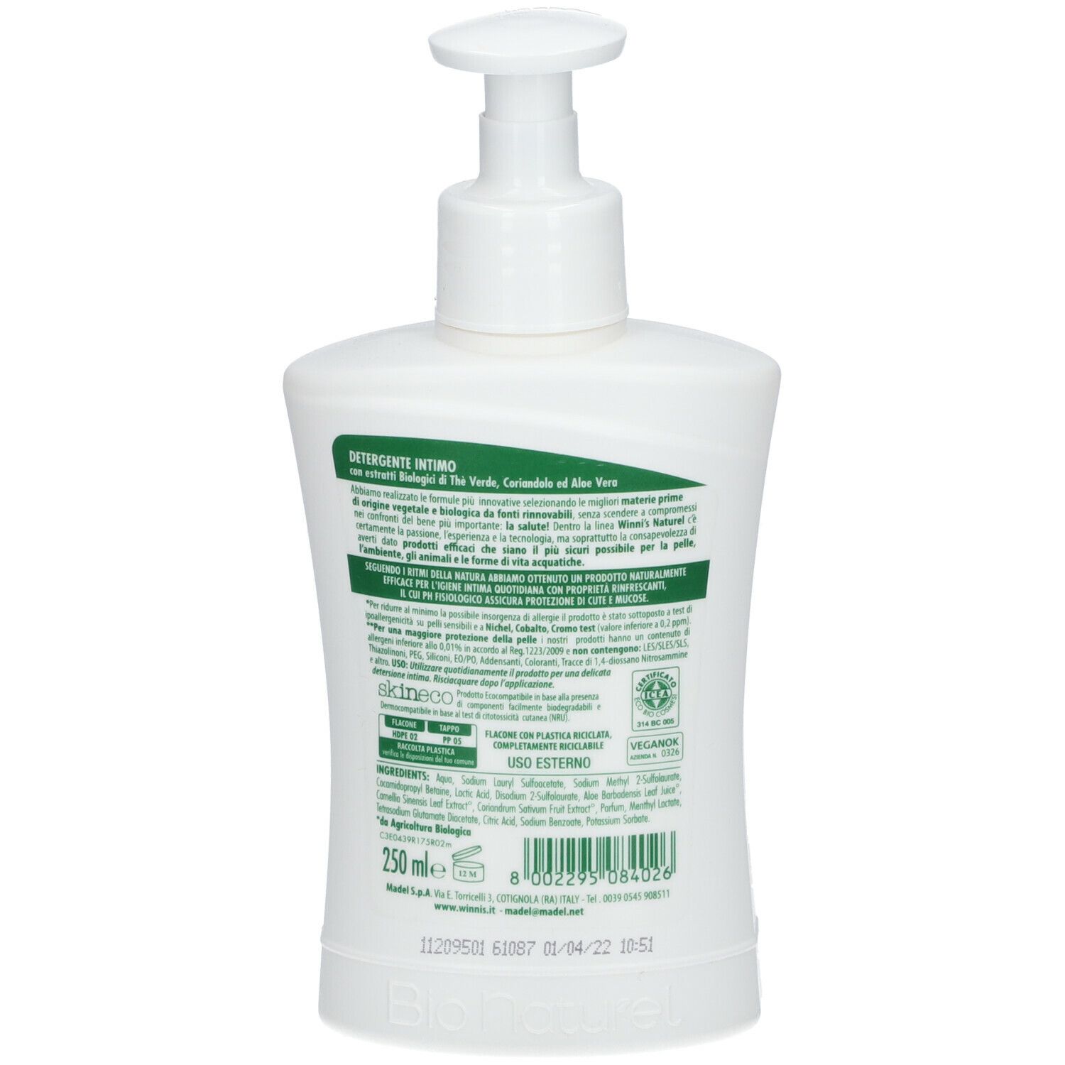 Retro del flacone bianco con dosatore. Testo e loghi. Scritta: Detergente Intimo. 250 ml. Logo vegano.