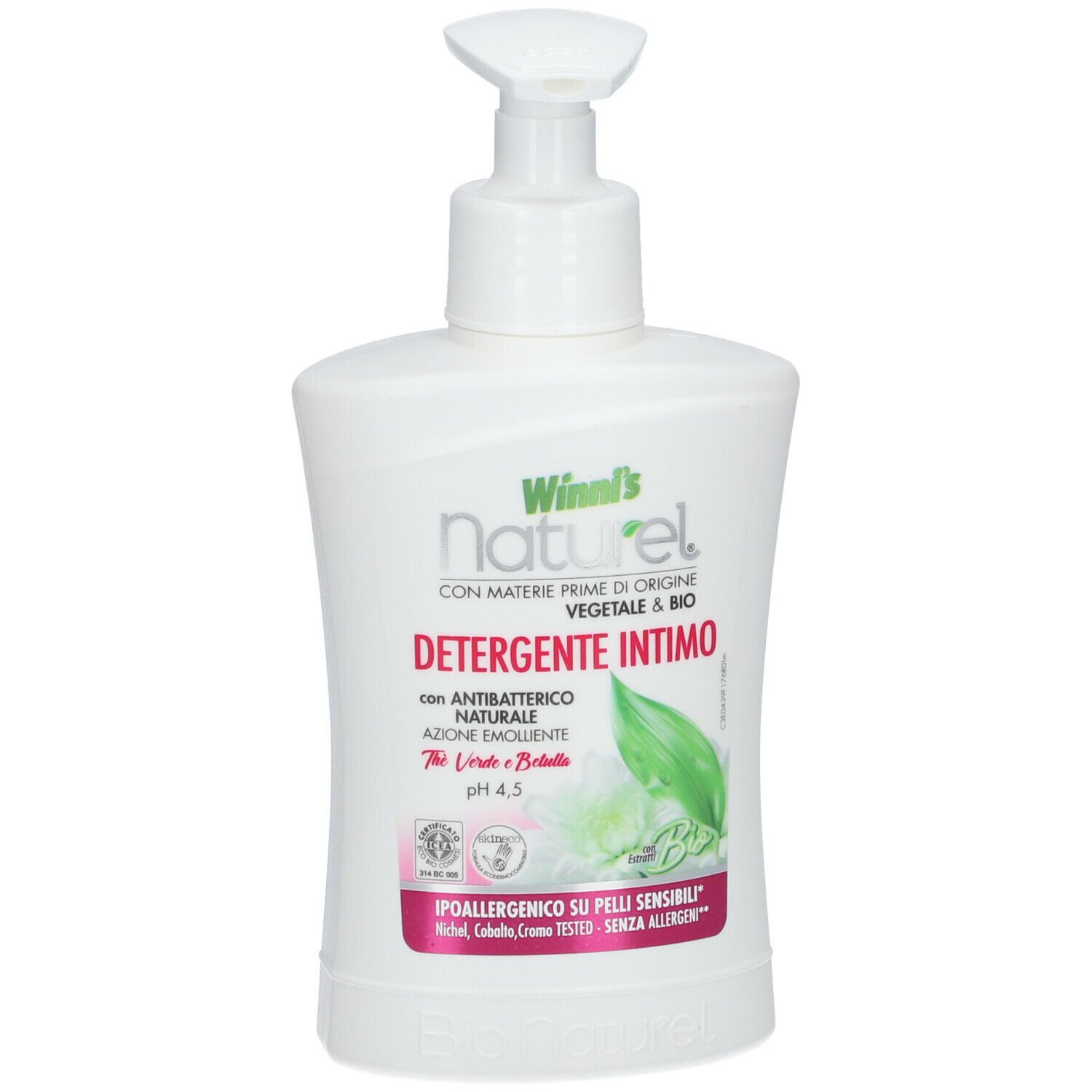 Flacone bianco con dosatore. Scritta: Winni's Naturel, Detergente Intimo, Thè Verde e Betulla. pH 4.5. Certificazioni.