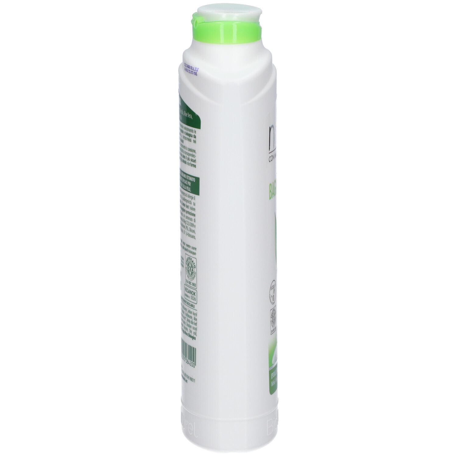 Flacone bianco con tappo verde, vista laterale. Scritta: Winni's naturel, bagno schiuma. Certificazione Bio.