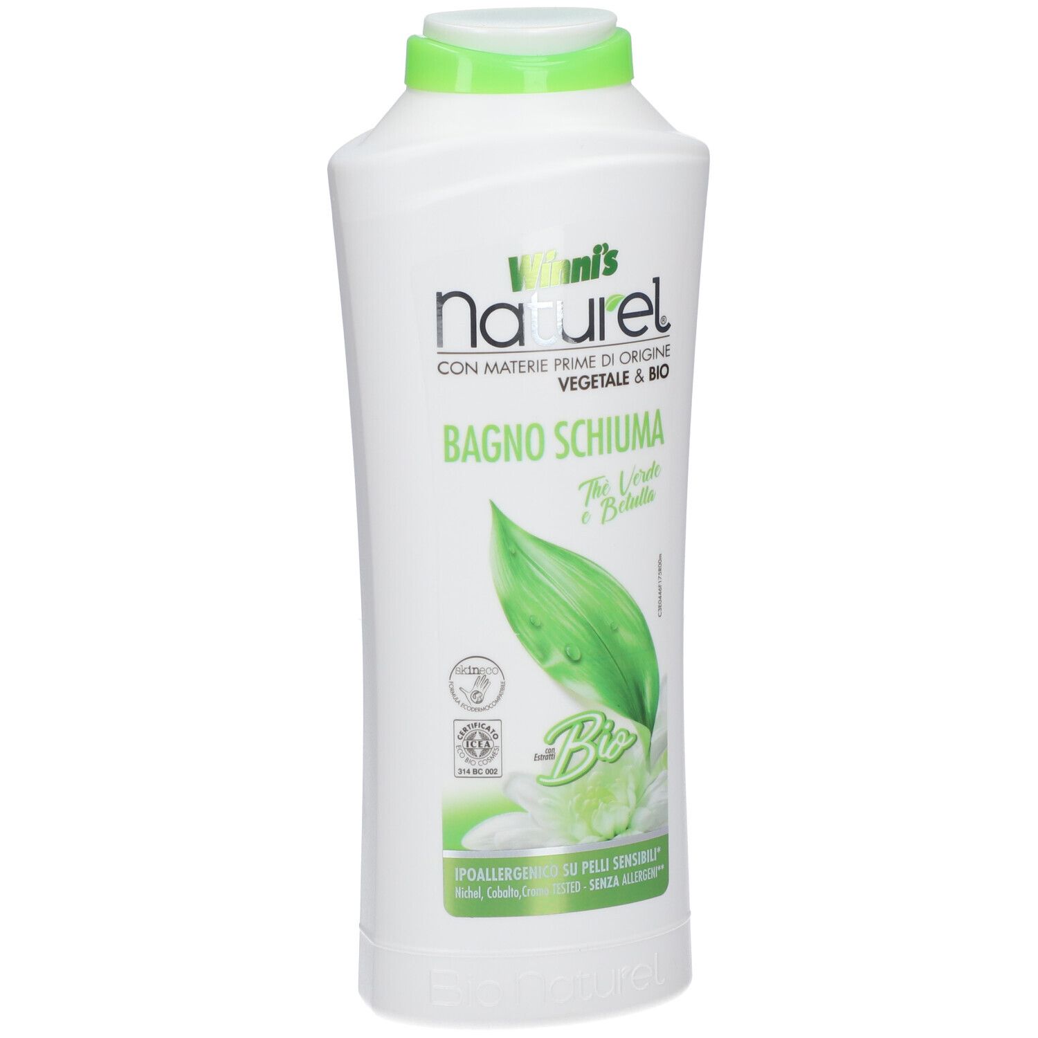Flacone bianco con tappo verde. Scritta: Winni's naturel, bagno schiuma, Thè Verde e Betulla. Certificazione Bio.