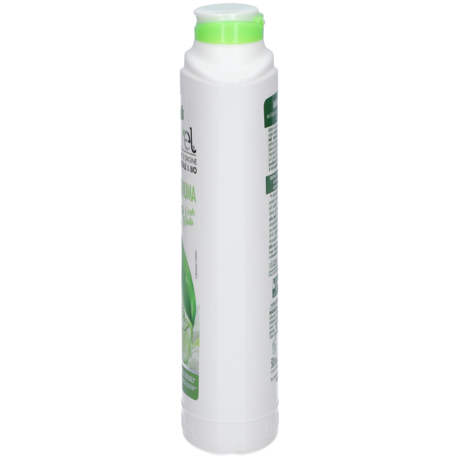 Flacone bianco con tappo verde, vista laterale. Scritta: Winni's naturel, bagno schiuma. Certificazione Bio.