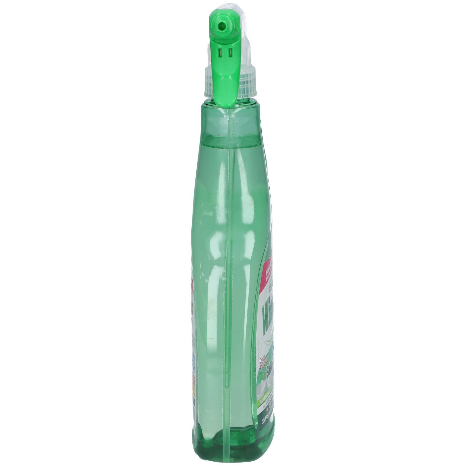 Flacone spray verde, vista laterale. Erogatore bianco. Etichetta Winni's Naturel Bagno parzialmente visibile.