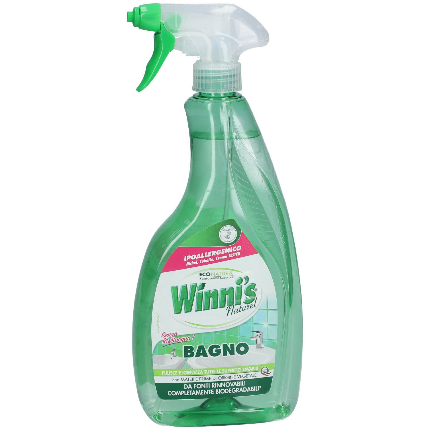Flacone spray verde con erogatore bianco. Scritta: Winni's Naturel Bagno. Ipoallergenico.