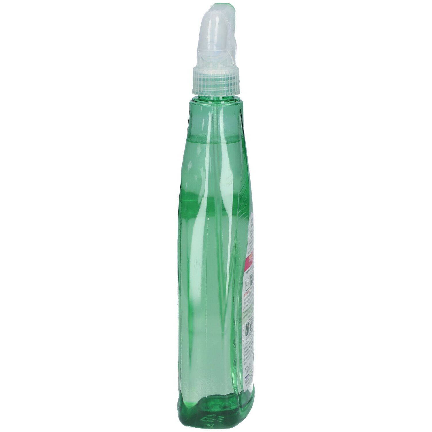 Flacone spray verde, vista laterale. Erogatore bianco. Etichetta Winni's Naturel Bagno parzialmente visibile.