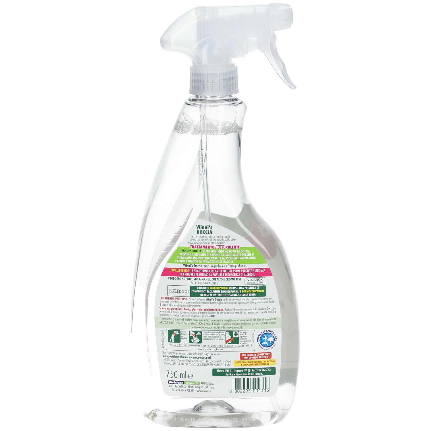 Retro di un flacone spray trasparente. Etichetta Winni's Naturel Doccia con testo e loghi.
