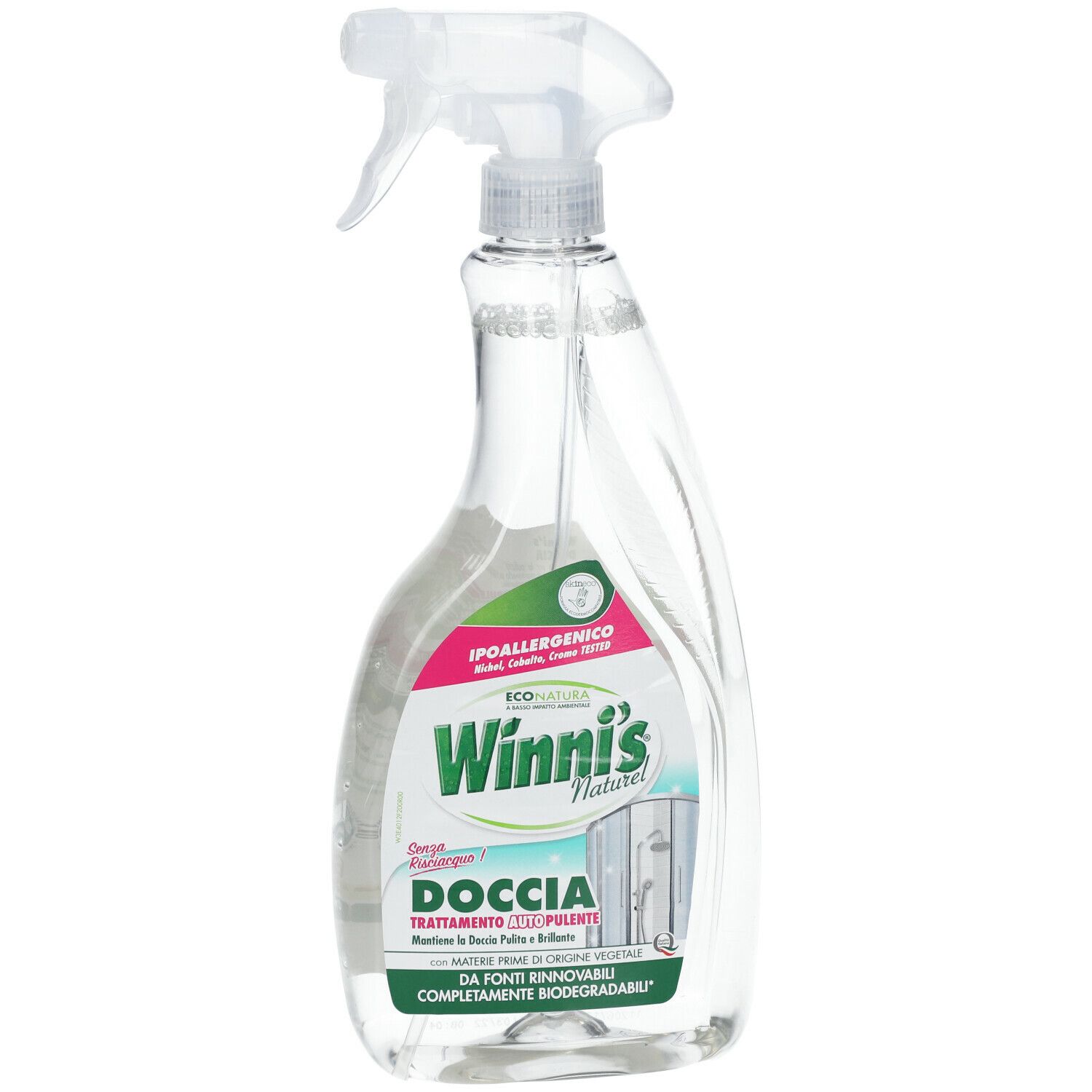 Flacone spray trasparente con erogatore. Etichetta Winni's Naturel Doccia. Logo Ipoallergenico.