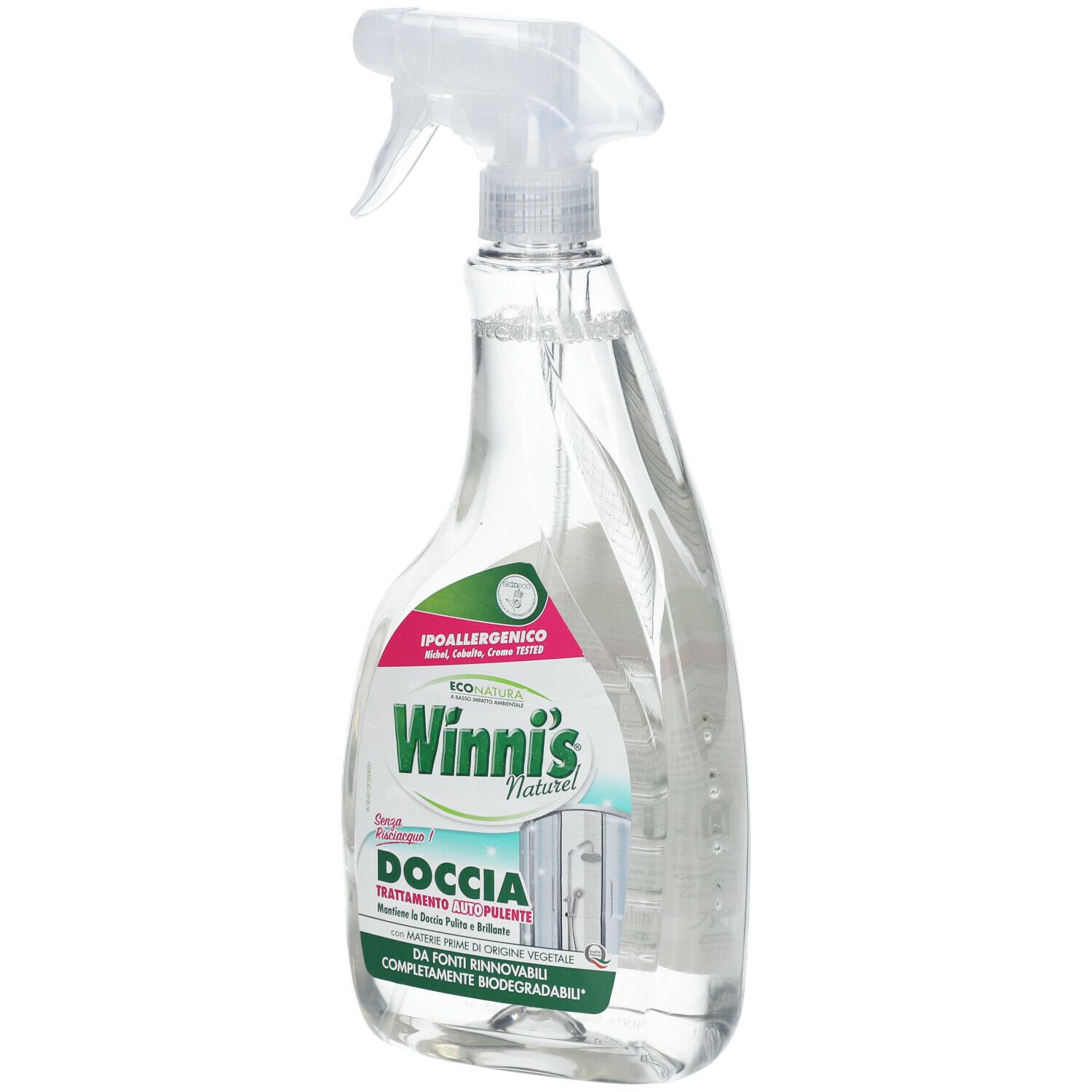 Flacone spray trasparente con erogatore. Etichetta Winni's Naturel Doccia. Logo Ipoallergenico.