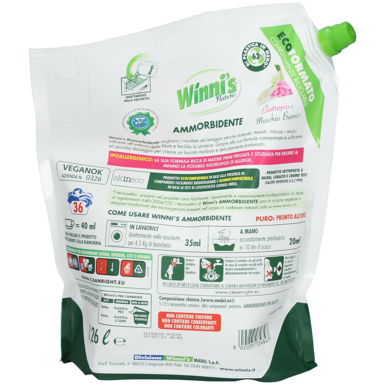 Retro della confezione Winni's Naturel Ammorbidente Ecoformato. Testo e simboli per l'uso e gli ingredienti.