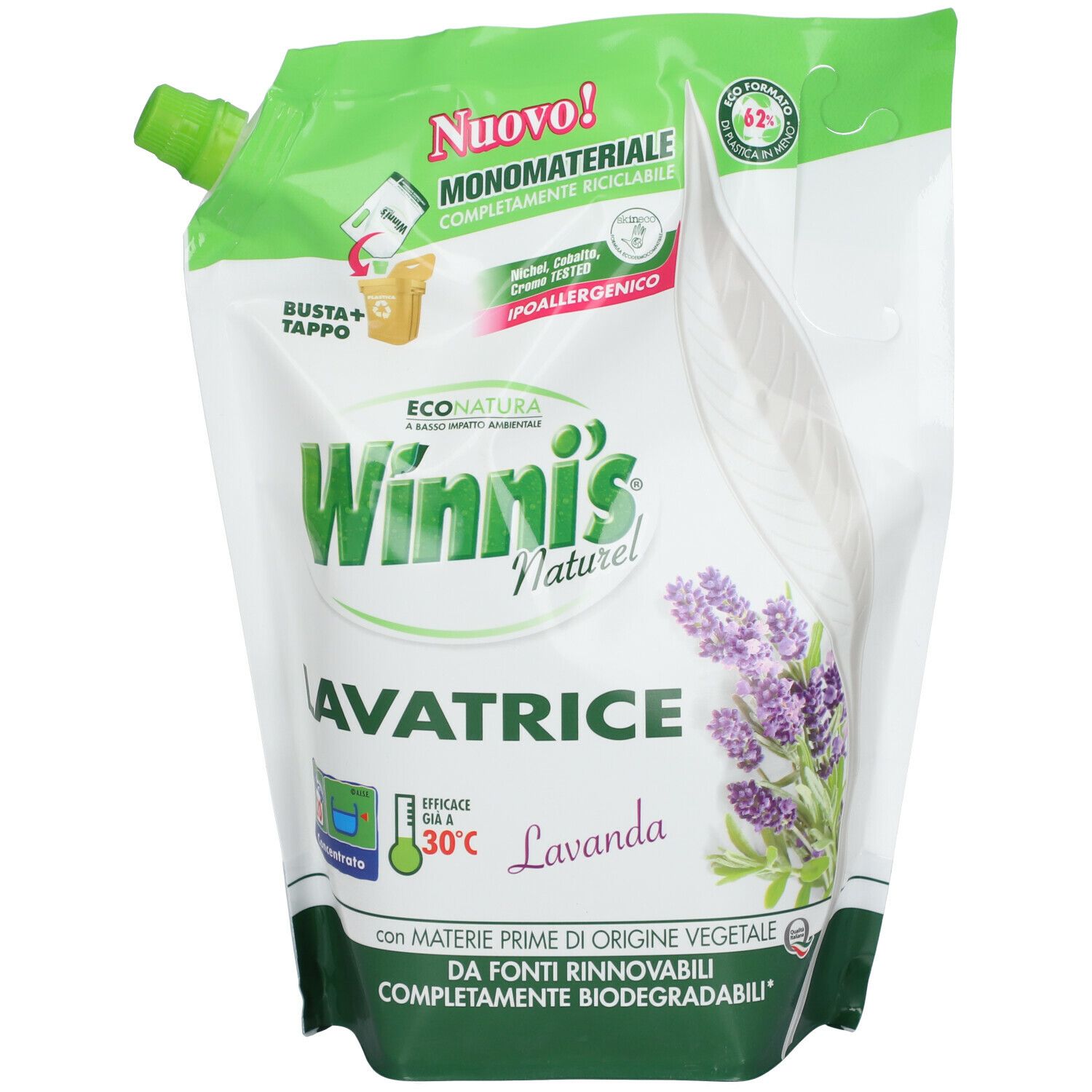 Confezione ricarica detersivo Winni's. Imballaggio bianco e verde con nome prodotto, illustrazione lavanda ed etichetta Eco Natura.