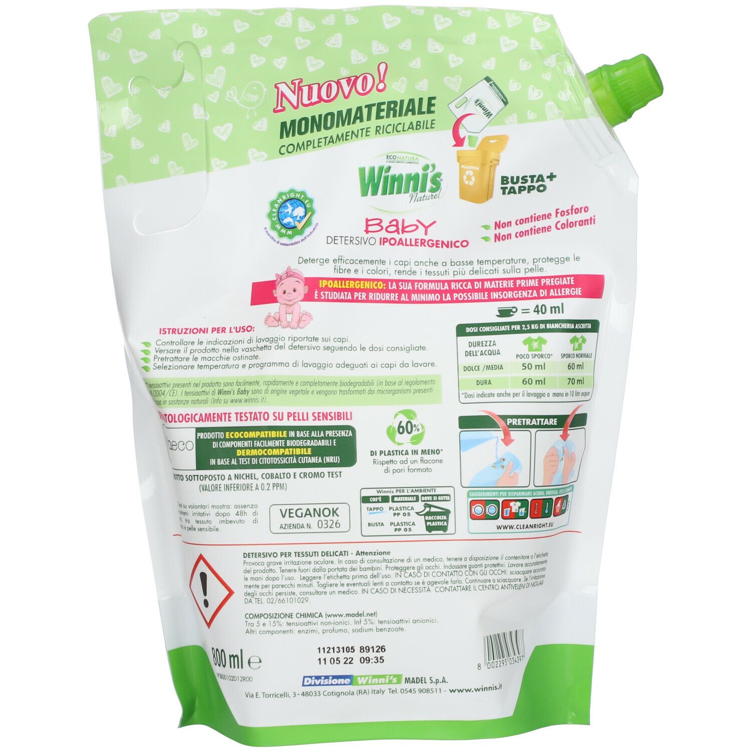 Retro della ricarica. Testo e diagrammi. Logo "Winni's Baby". Confezione verde e bianca.