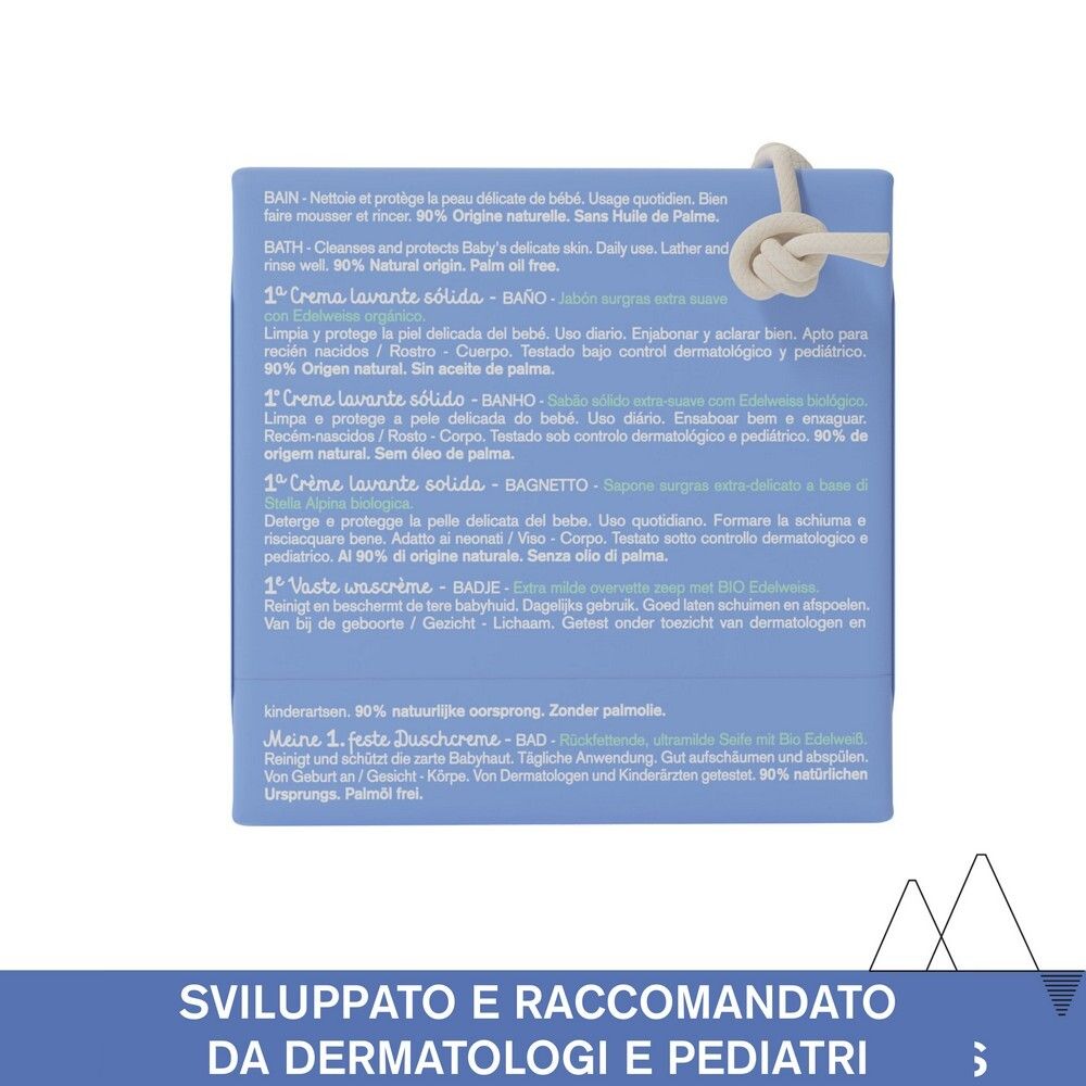 Retro della confezione blu. Testo multilingue. Contiene informazioni sul prodotto e sugli ingredienti.