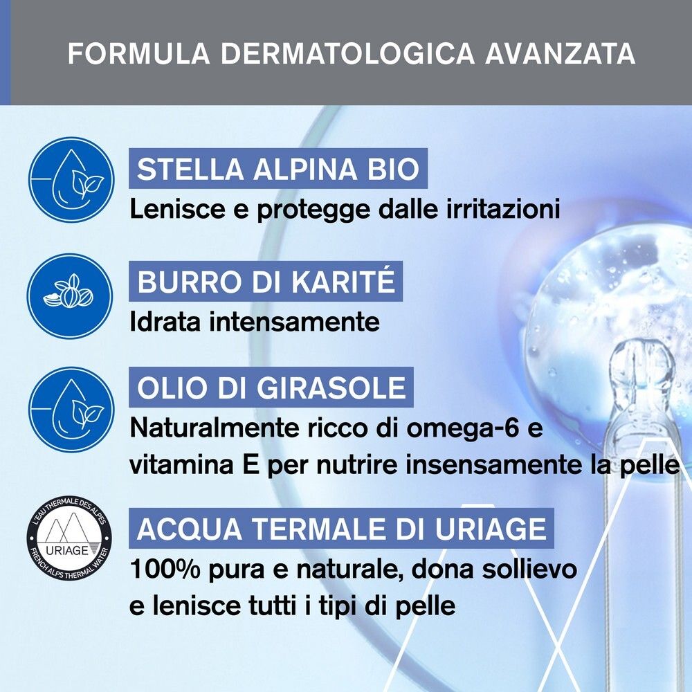 Grafica con ingredienti. Testo: Stella alpina, Burro di karité, Olio di girasole, Acqua termale Uriage. Tutti i tipi di pelle.