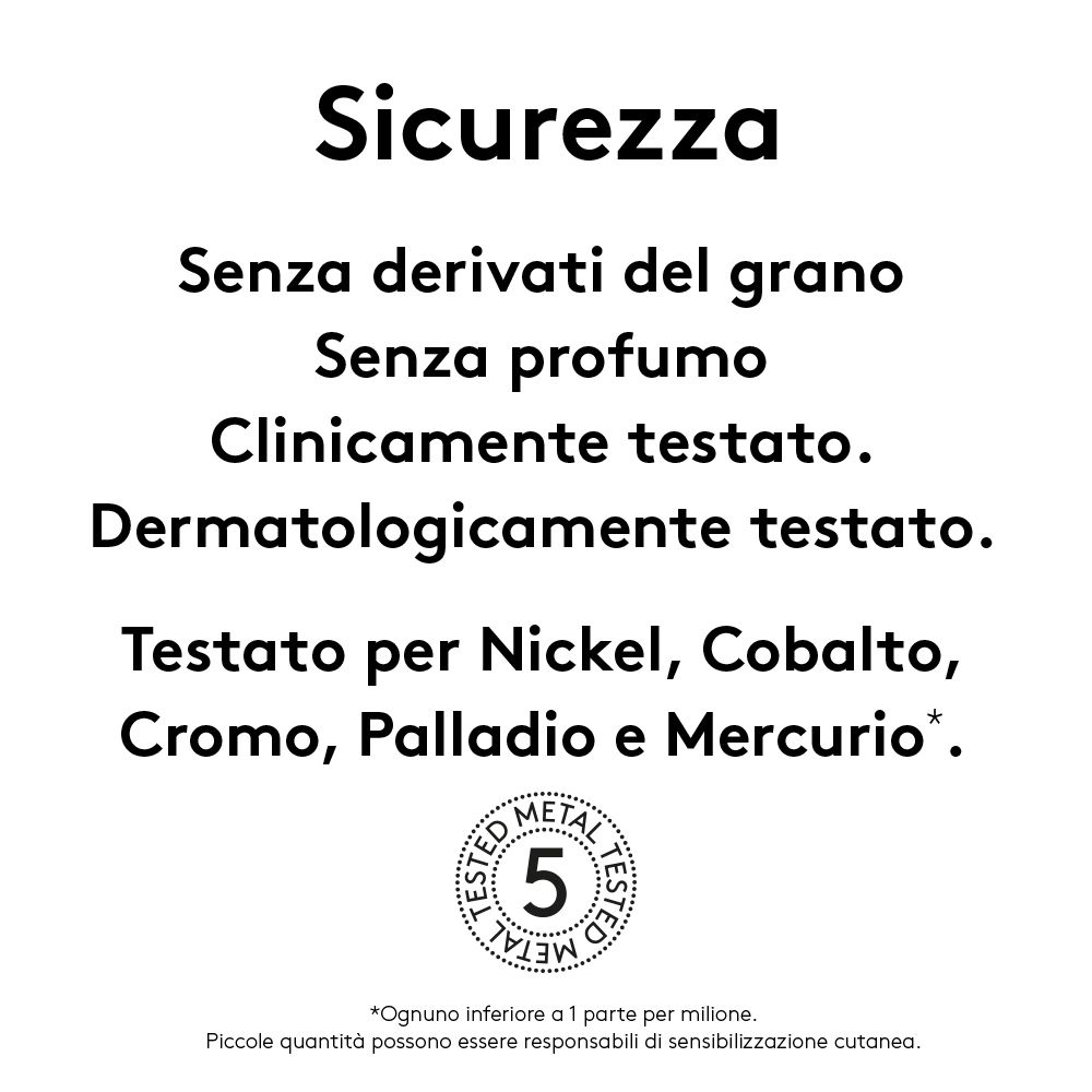 Testo su sfondo bianco: Senza derivati del grano, senza profumo, clinicamente e dermatologicamente testato. Testato per Nickel, Cobalto, Cromo, Palladio e Mercurio.