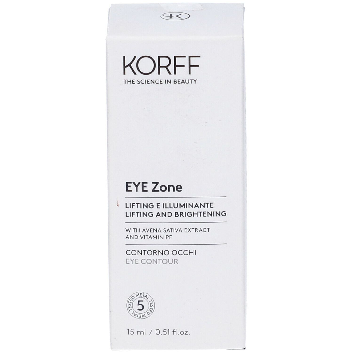 Confezione bianca con informazioni sul prodotto. Scritta: KORFF EYE Zone, Contorno Occhi, 15 ml.