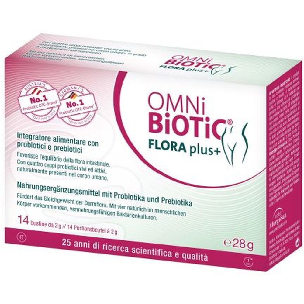 Confezione Omni Biotic Flora Plus+. Contiene 14 bustine. Loghi e testo sulla confezione. Certificato.