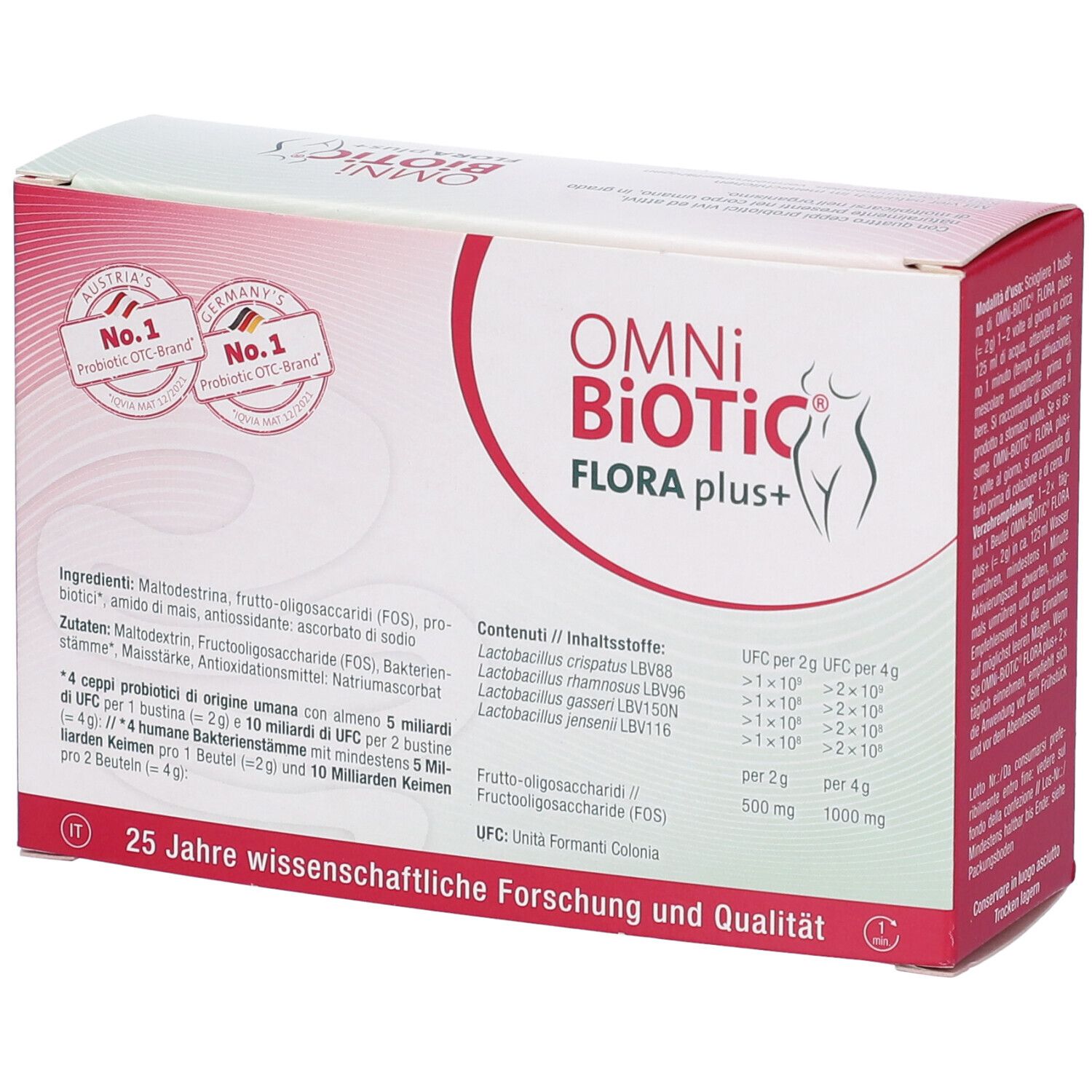 Confezione Omni Biotic Flora Plus+. Contiene 14 bustine. Ingredienti e informazioni sulla confezione.