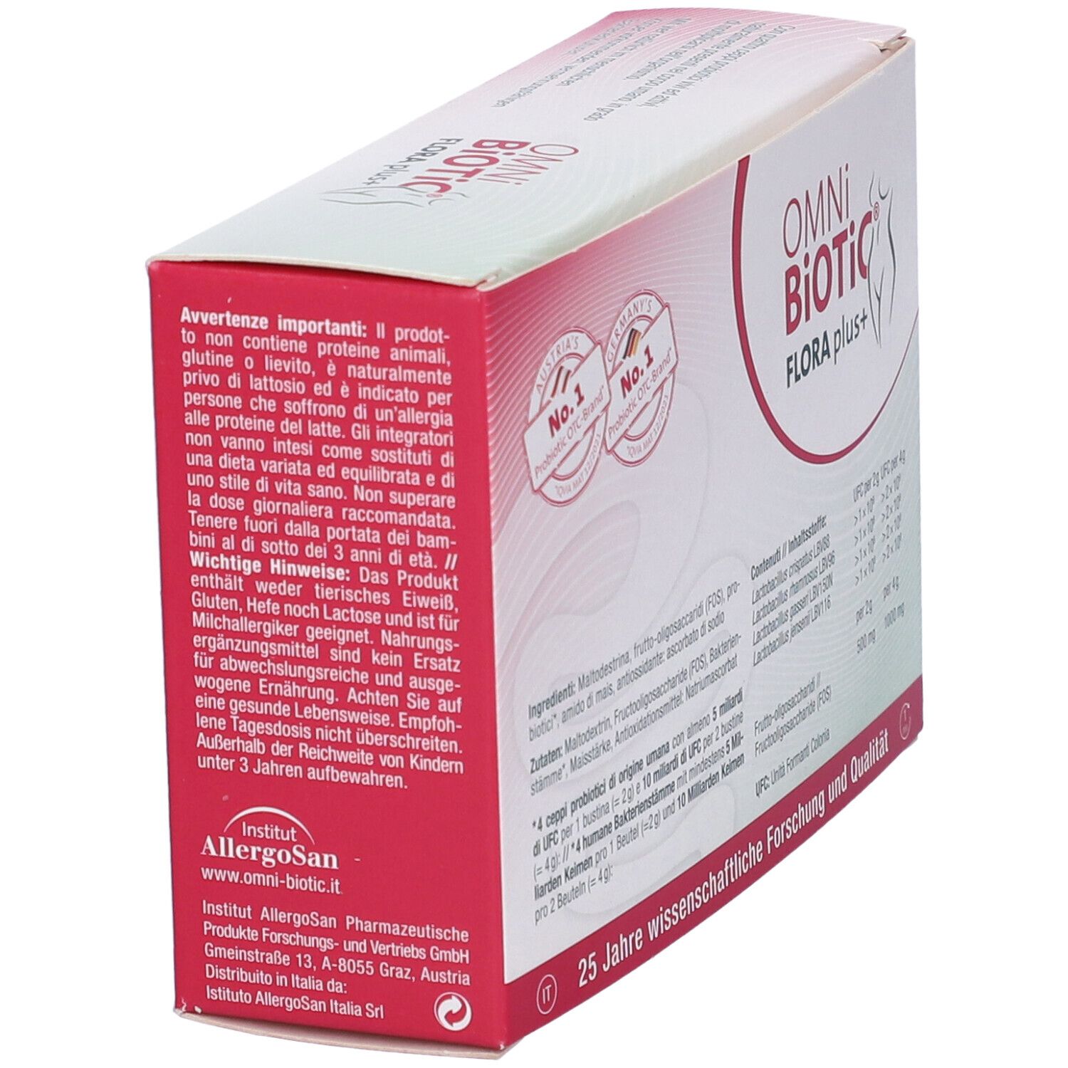 Confezione Omni Biotic Flora Plus+. Contiene 14 bustine. Informazioni e avvertenze sulla confezione.