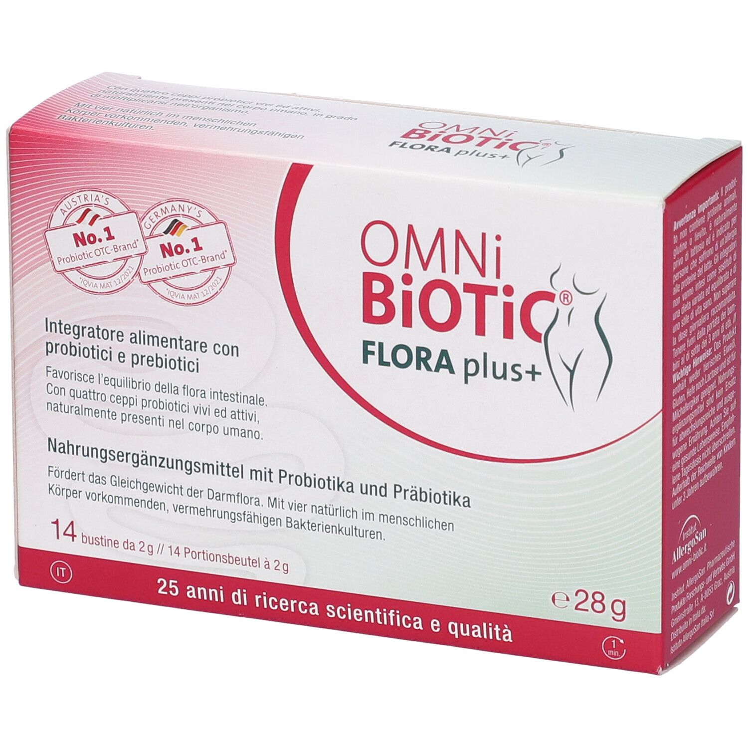 Confezione Omni Biotic Flora Plus+. Contiene 14 bustine. Loghi e testo sulla confezione. Certificato.