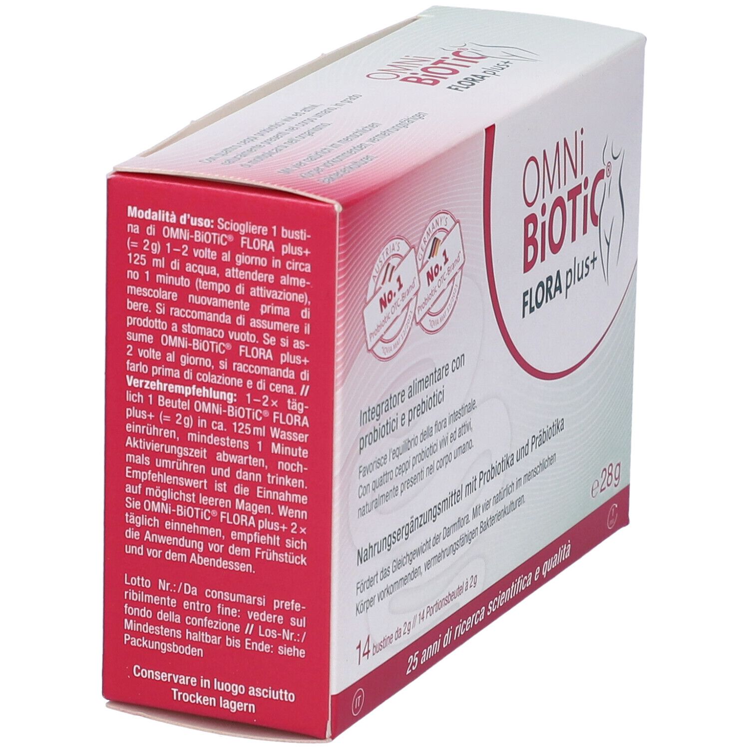 Confezione Omni Biotic Flora Plus+. Contiene 14 bustine. Istruzioni per l'uso e informazioni sulla confezione.