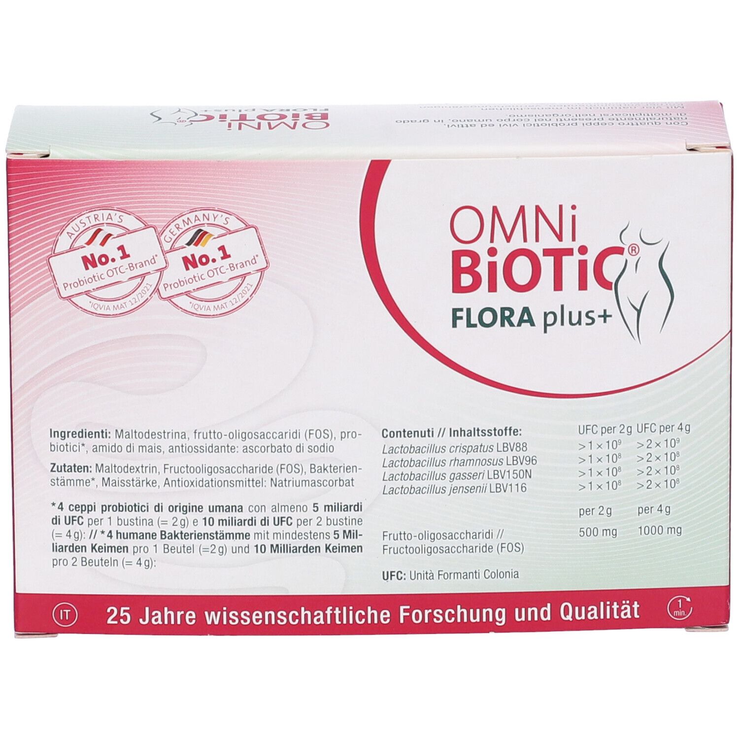 Confezione Omni Biotic Flora Plus+. Contiene 14 bustine. Ingredienti e informazioni sulla confezione.