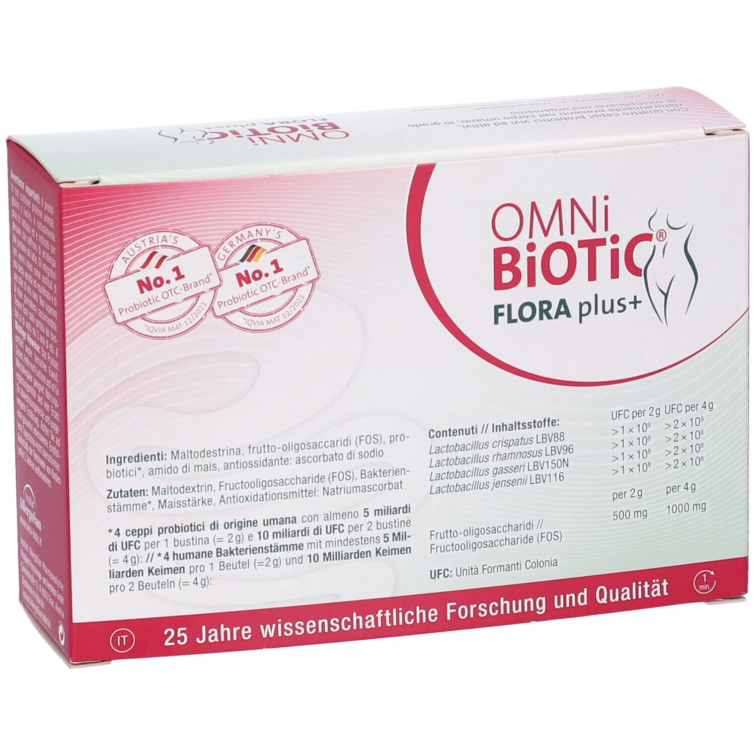 Confezione Omni Biotic Flora Plus+. Contiene 14 bustine. Ingredienti e informazioni sulla confezione.