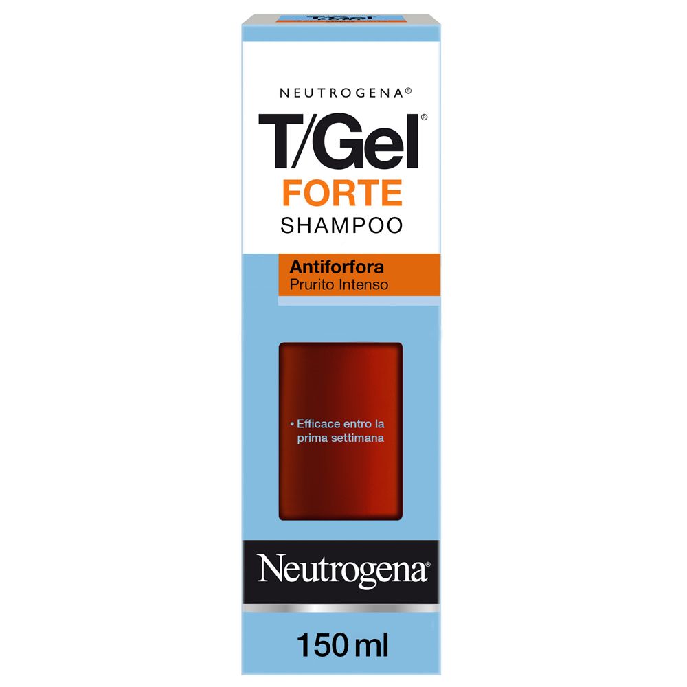 Neutrogena T/Gel Forte Shampoo. Confezione con informazioni sul prodotto. Scritta: Antiforfora, Prurito Intenso.