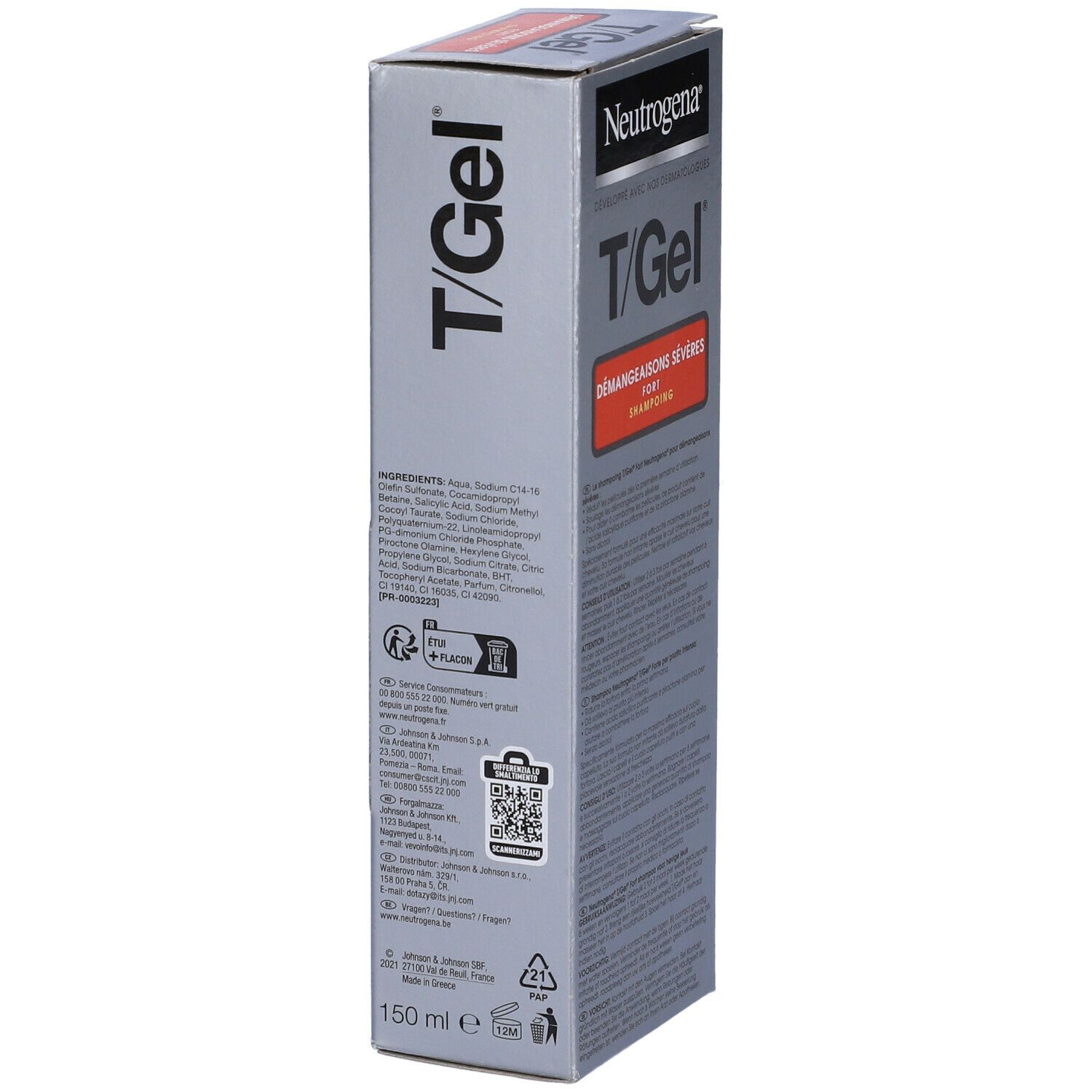 Confezione di shampoo Neutrogena T/Gel. Scritta: Démangeaisons sévères. Shampooing fort. Retro con testo.