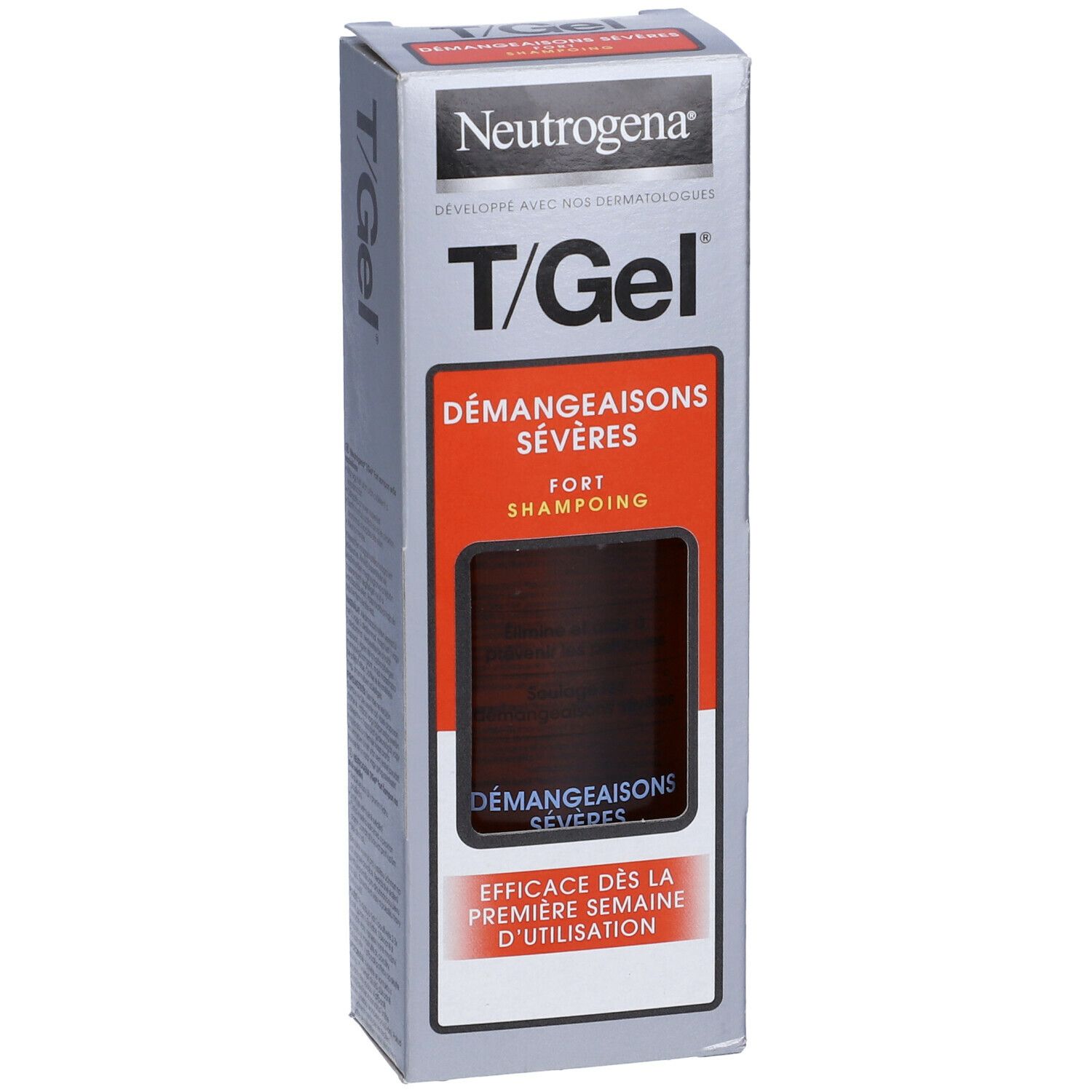Confezione di shampoo Neutrogena T/Gel. Scritta: Démangeaisons sévères. Shampooing fort. Retro con testo.
