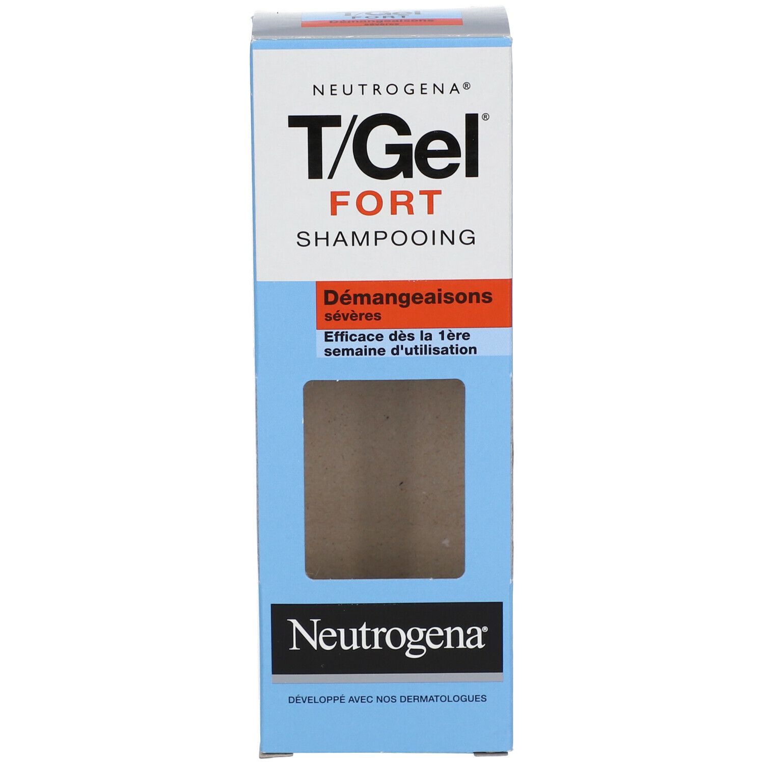 Confezione di shampoo Neutrogena T/Gel Forte. Scritta: Démangeaisons sévères. Shampooing fort. Efficace dalla 1a settimana.