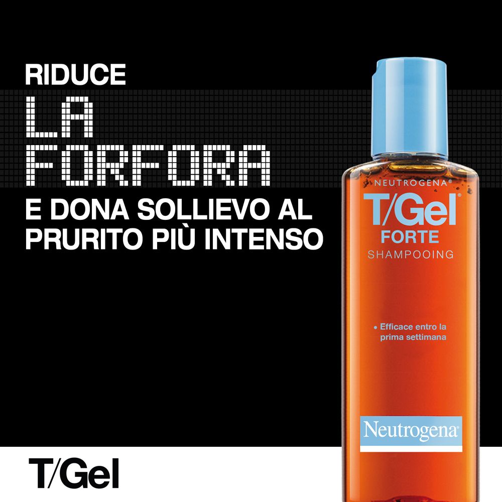 Flacone di shampoo Neutrogena T/Gel Forte. Scritta: T/Gel Forte Shampooing. Sfondo nero.