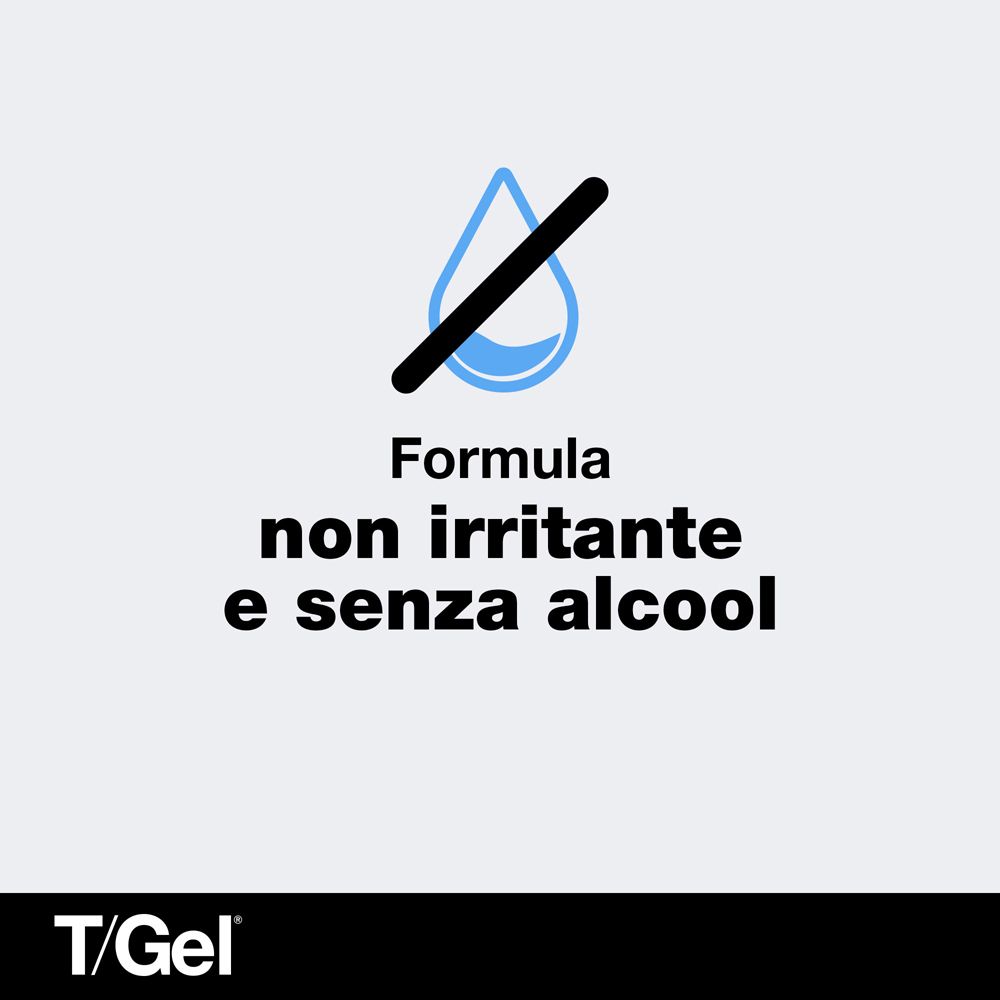 Grafica: goccia sbarrata. Testo: Formula non irritante e senza alcool. T/Gel.