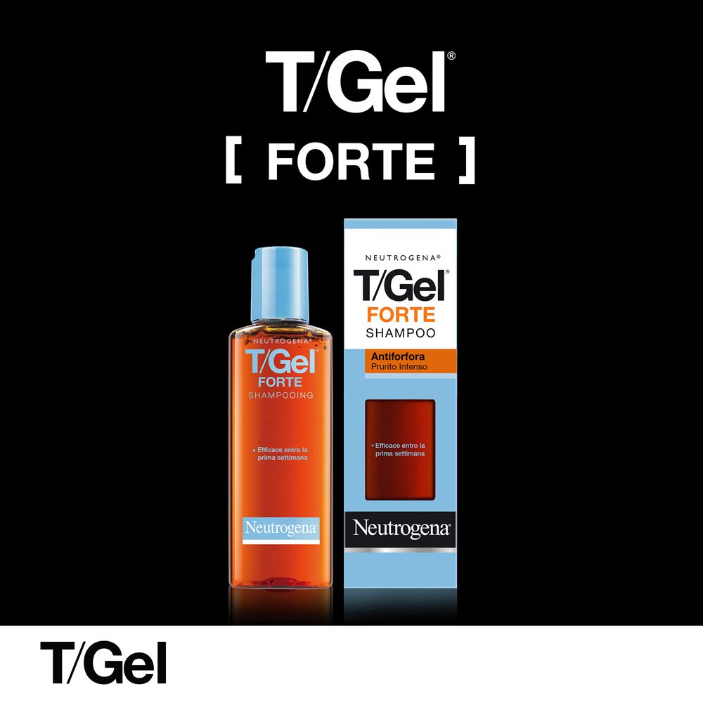 Flacone e confezione di shampoo Neutrogena T/Gel Forte. Scritta: T/Gel Forte Shampoo. Sfondo nero.