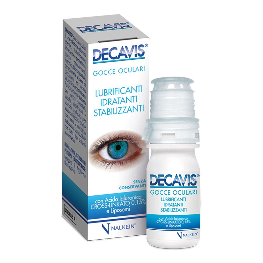 Augentropfen-Fläschchen und Schachtel. Aufschrift: DECAVIS, Gocce Oculari, mit Augenabbildung.