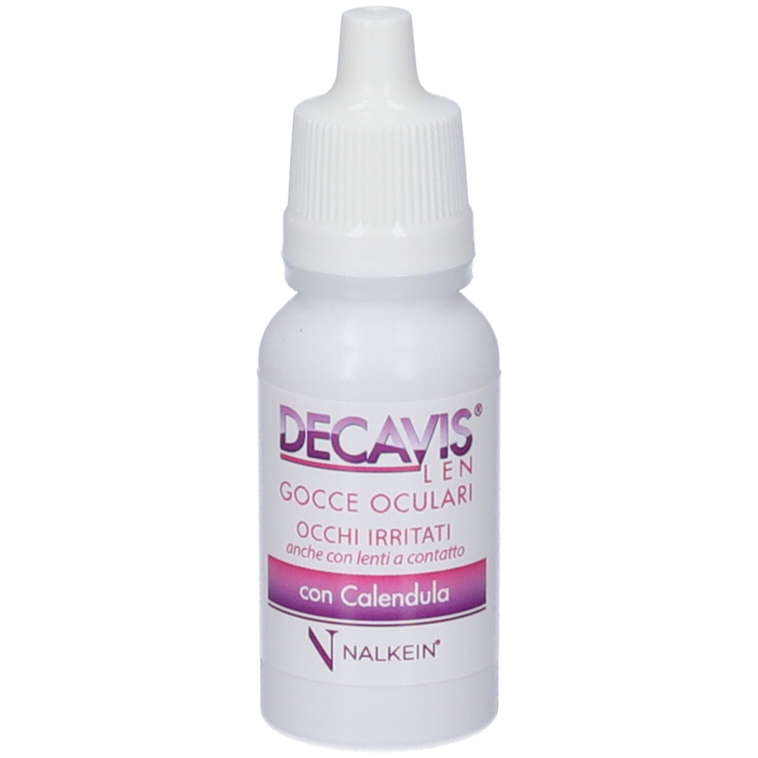 Flacone bianco di gocce oculari. Scritta: DECAVIS LEN, Gocce Oculari, Occhi Irritati, con Calendula. Marchio NALKEIN.