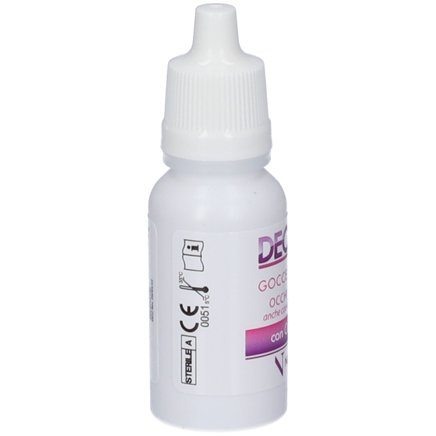 Flacone bianco di gocce oculari. Scritta: DECAVIS LEN, Gocce Oculari, Occhi Irritati, con Calendula. Marchio NALKEIN. Marchio CE.