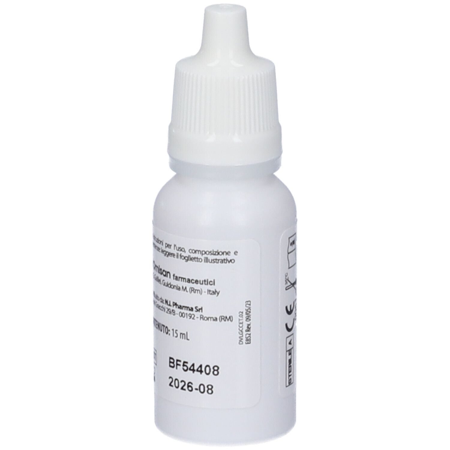 Flacone bianco di gocce oculari. Scritta: DECAVIS LEN, Gocce Oculari, Occhi Irritati, con Calendula. Marchio NALKEIN. Dettagli di produzione.