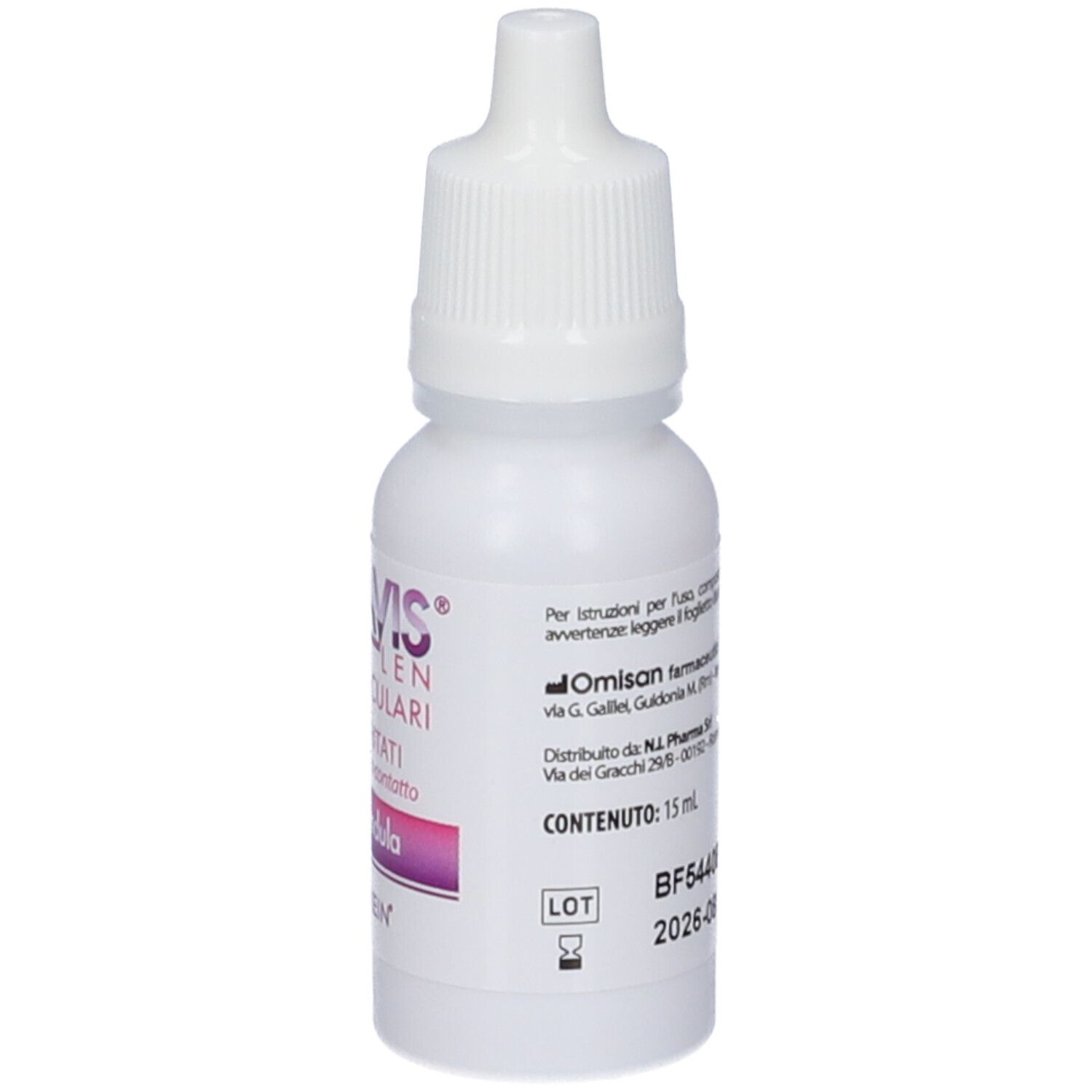 Flacone bianco di gocce oculari. Scritta: DECAVIS LEN, Gocce Oculari, Occhi Irritati, con Calendula. Marchio NALKEIN. Dettagli di produzione.