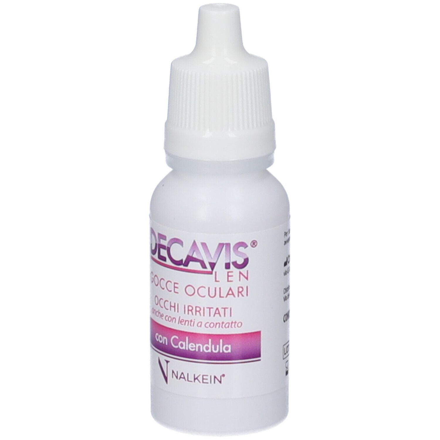 Flacone bianco di gocce oculari. Scritta: DECAVIS LEN, Gocce Oculari, Occhi Irritati, con Calendula. Marchio NALKEIN.