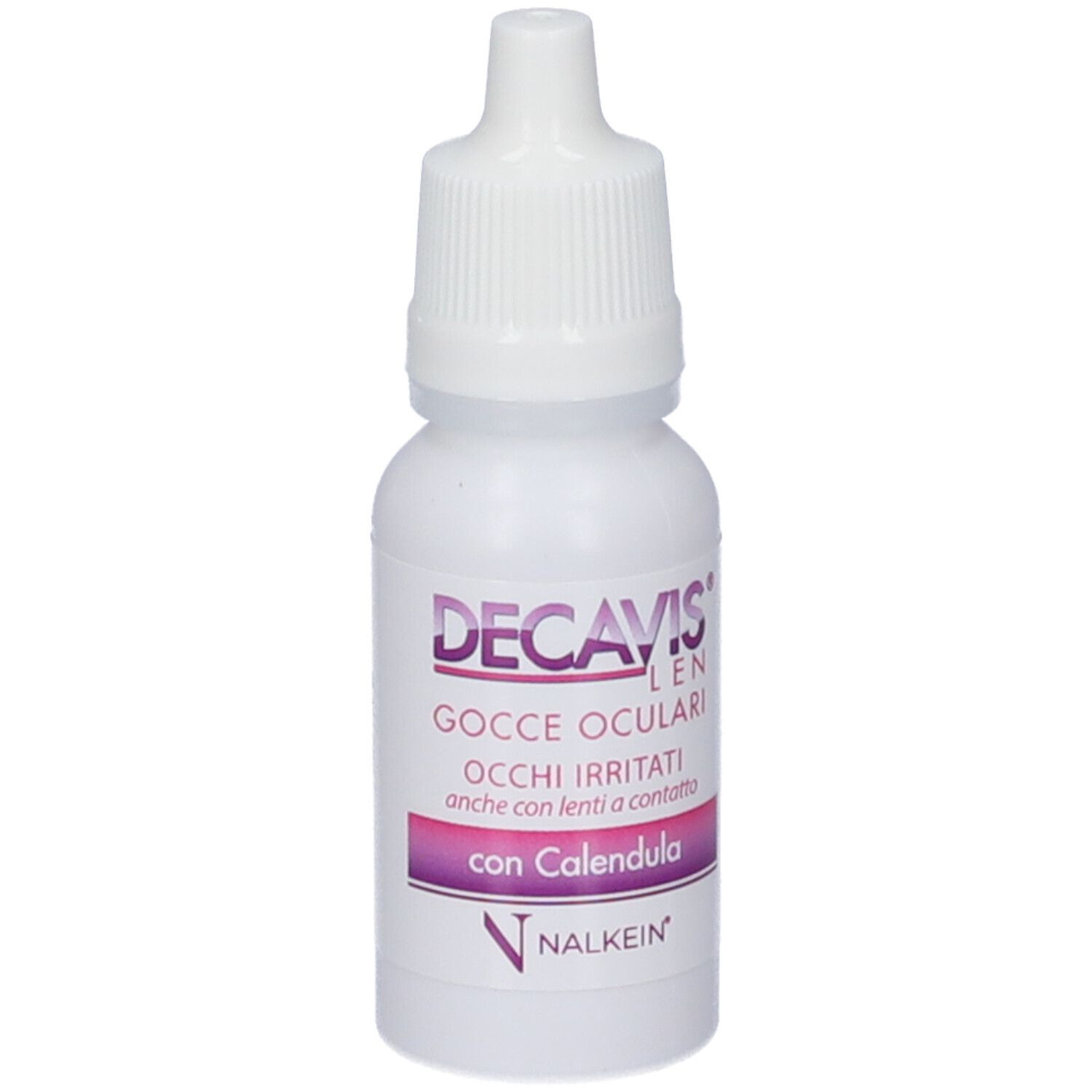 Flacone bianco di gocce oculari. Scritta: DECAVIS LEN, Gocce Oculari, Occhi Irritati, con Calendula. Marchio NALKEIN.