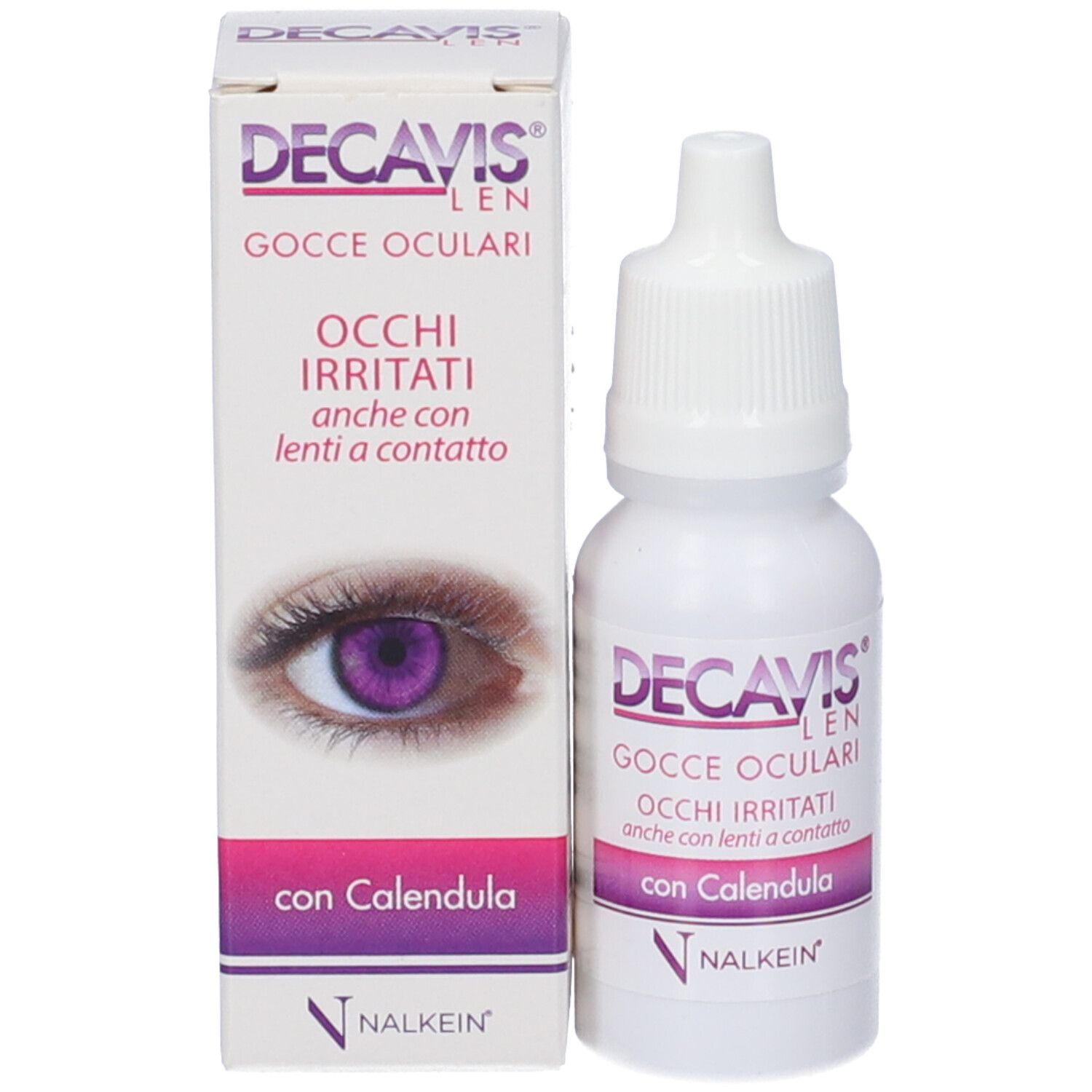 Flacone e scatola di gocce oculari. Scritta: DECAVIS LEN, Gocce Oculari, Occhi Irritati, con Calendula. Marchio NALKEIN. Immagine di un occhio.