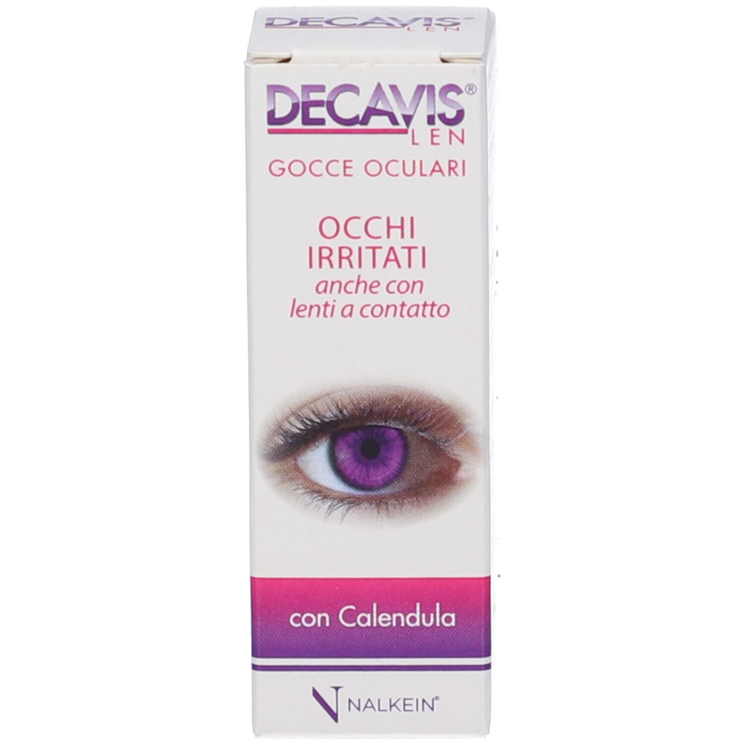 Scatola di gocce oculari. Scritta: DECAVIS LEN, Gocce Oculari, Occhi Irritati, con Calendula. Marchio NALKEIN. Immagine di un occhio.