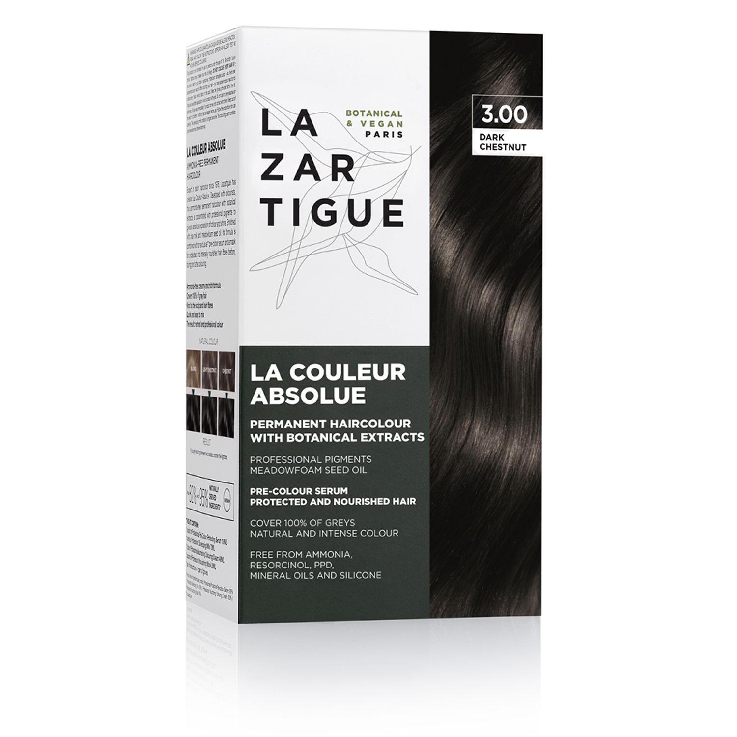 LAZARTIGUE COULEUR ABSOLUE, tinta castano scuro. Confezione con informazioni sul prodotto ed esempi di colore dei capelli.