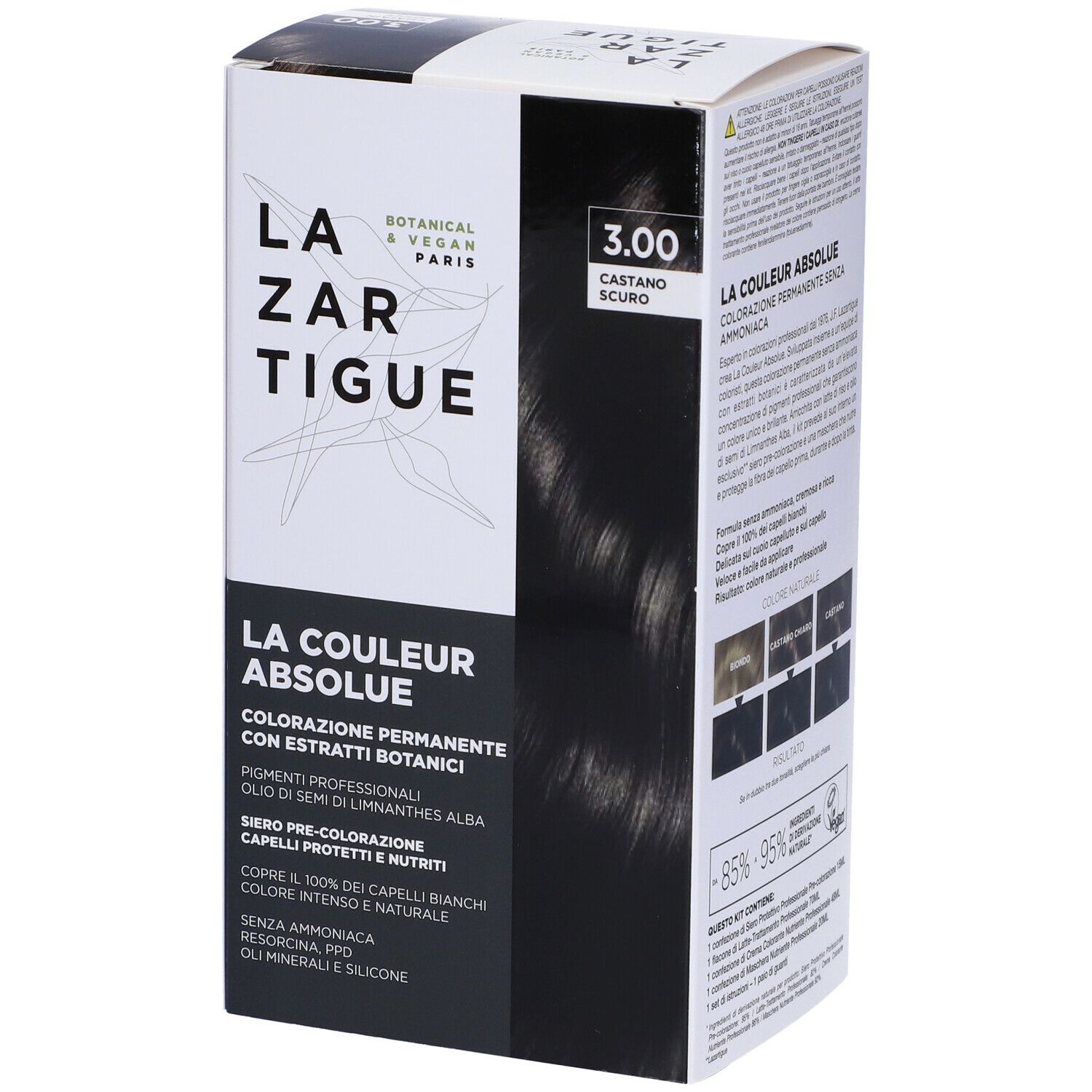 LAZARTIGUE COULEUR ABSOLUE, tinta castano scuro. Confezione, vista dall'alto. Informazioni sul prodotto ed esempi di colore.